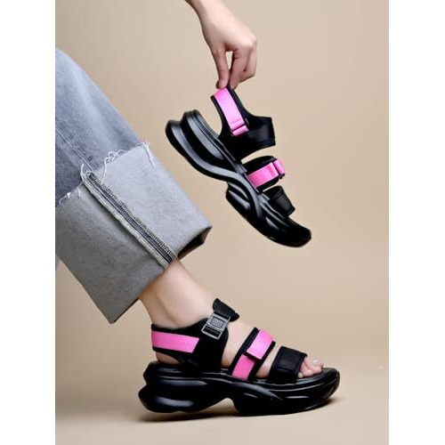 Shoetopia Smart Casual Black & Pink Sporty Sandals For Women & Girls /Eu36