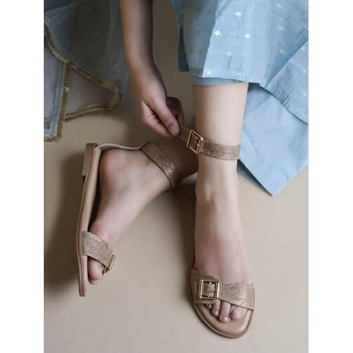 Shoetopia Chic & Comfy Ankle Strap Copper Flat Sandals For Everyday Elegance For Women & Girls /Eu37