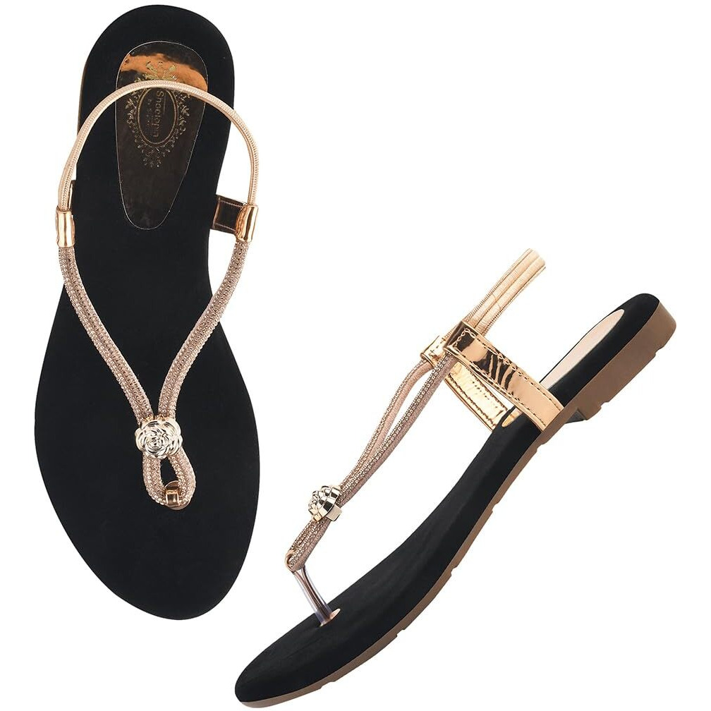 Shoeopia Embellished Strap Rose-Gold Flat Sandals For Women & Girls /Eu41