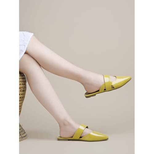 Shoetopia Solid Pointed Toe Yellow Flat Mules For Women & Girls /Eu40