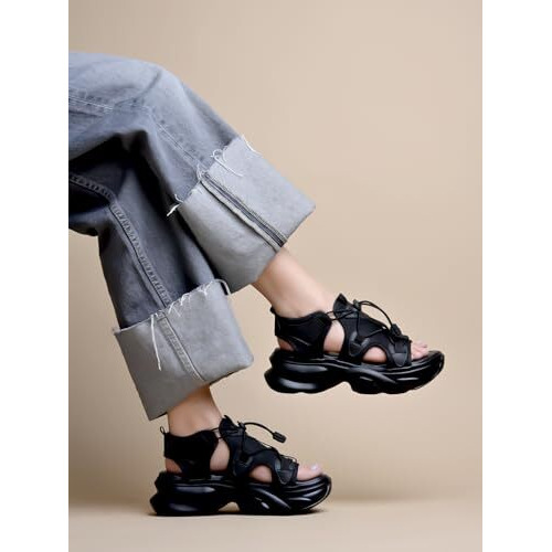 Shoetopia Smart Casual Black Sporty Sandals For Women & Girls /Eu36