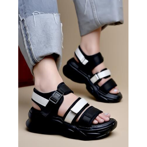 Shoetopia Smart Casual Black & White Sporty Sandals For Women & Girls /Eu37