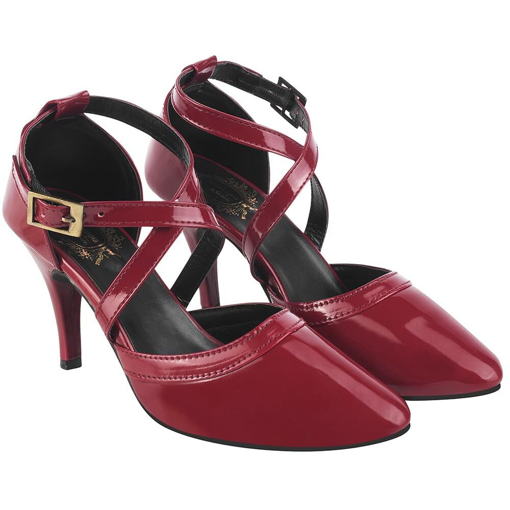 Shoetopia Women's Cherry Patent Leather Heels || Cross Strap Closed Toe Pumps With Buckle || Stylish High Heel Perfect For Office, Weddings, Cocktail Parties & Formal Events Eu36