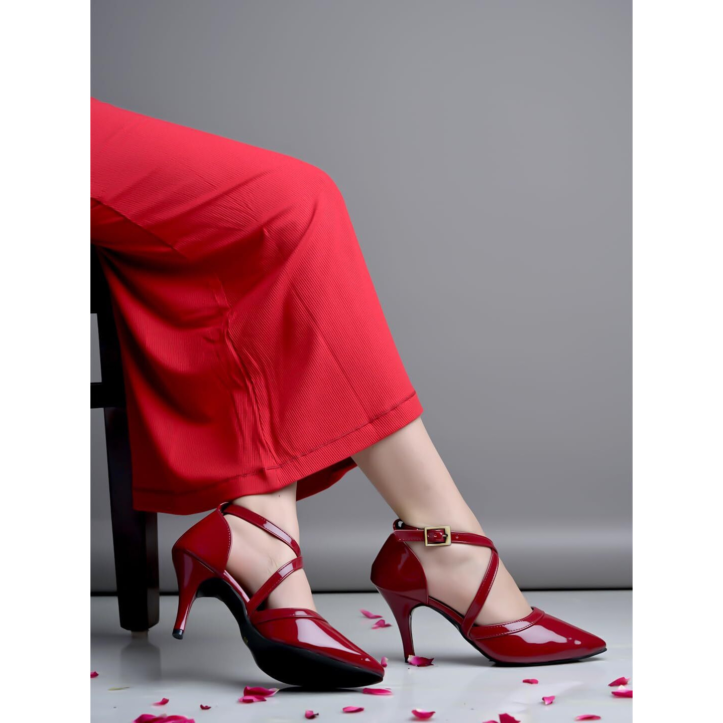 Shoetopia Women's Cherry Patent Leather Heels || Cross Strap Closed Toe Pumps With Buckle || Stylish High Heel Perfect For Office, Weddings, Cocktail Parties & Formal Events Eu36