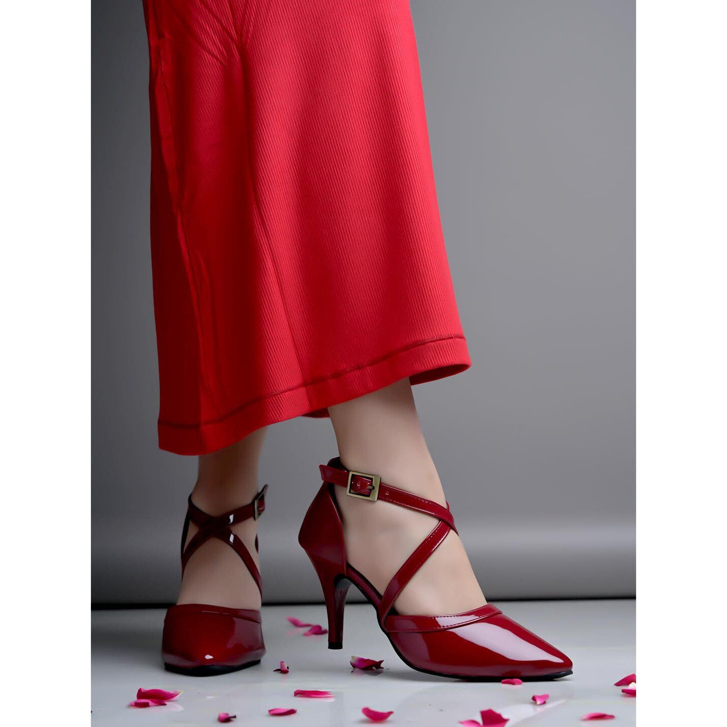 Shoetopia Women's Cherry Patent Leather Heels || Cross Strap Closed Toe Pumps With Buckle || Stylish High Heel Perfect For Office, Weddings, Cocktail Parties & Formal Events Eu36