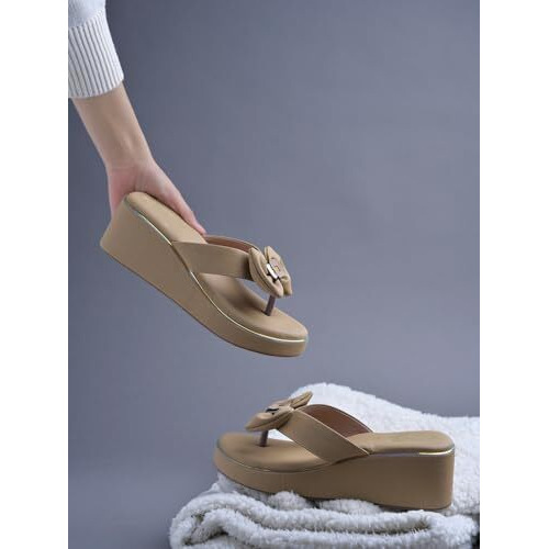 Shoetopia Upper Bow Detailed Wedges | Cushioned Footbed |Casual, Ethnic, Festive Women's Girls Stylish Slip On | Light Weight For Daily & Outdoor Sandal-Beige-Eu40