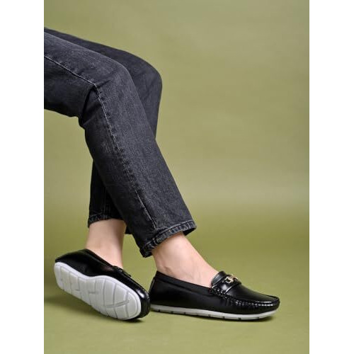 Shoetopia Upper Buckle Detailed Black Loafers For Women & Girls /Eu39