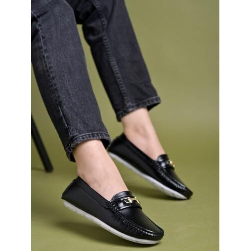 Shoetopia Upper Buckle Detailed Black Loafers For Women & Girls /Eu39