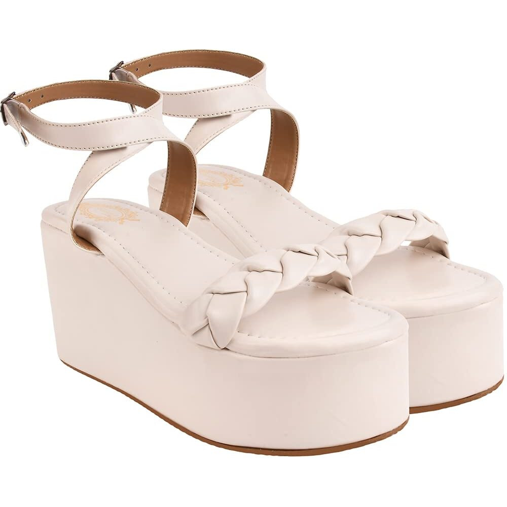 Shoetopia Stylish Braid Style Strap Cream Platform Heels For Women & Girls /Uk2