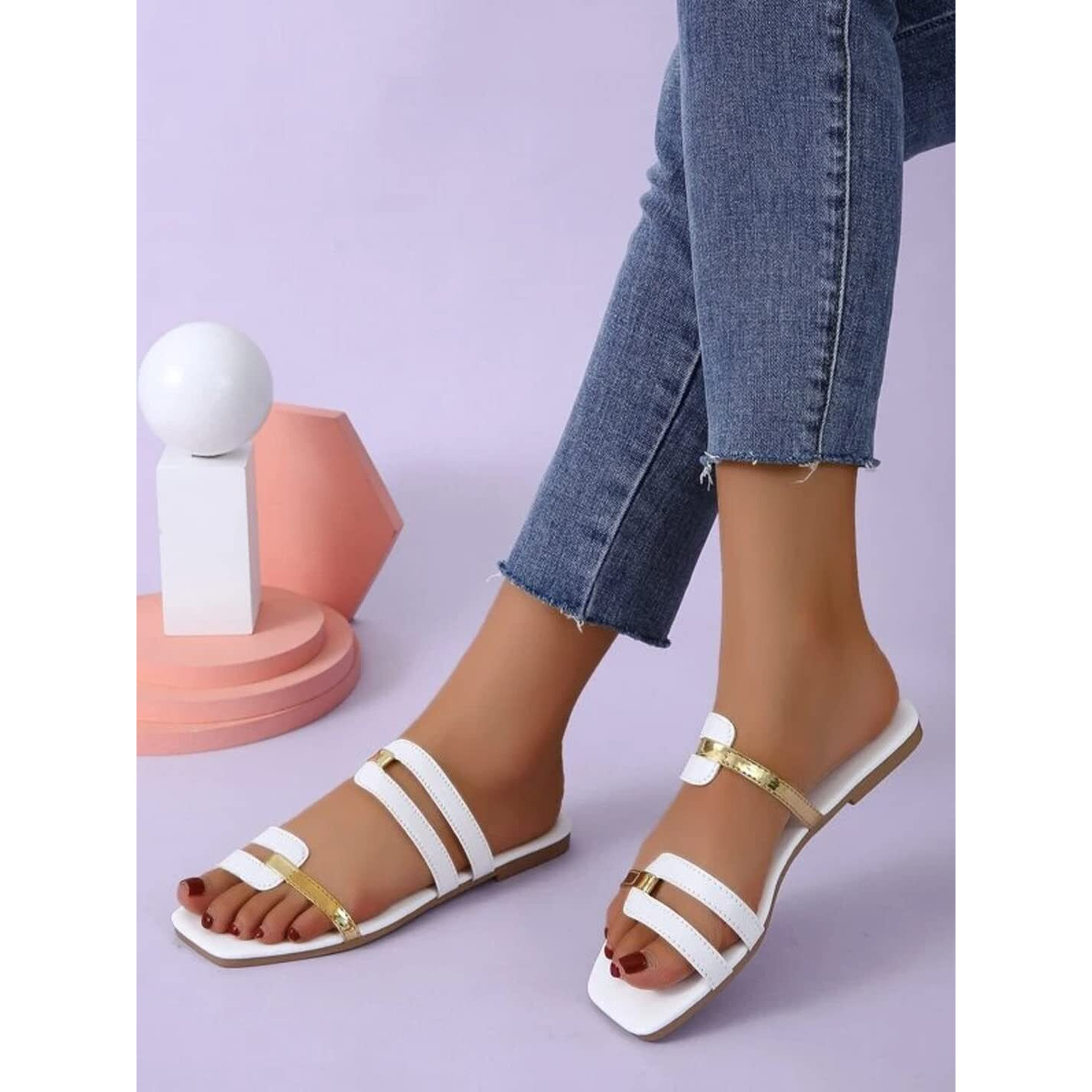 Shoetopia Statement White & Golden Slip-On Flats For Women & Girls /Uk8