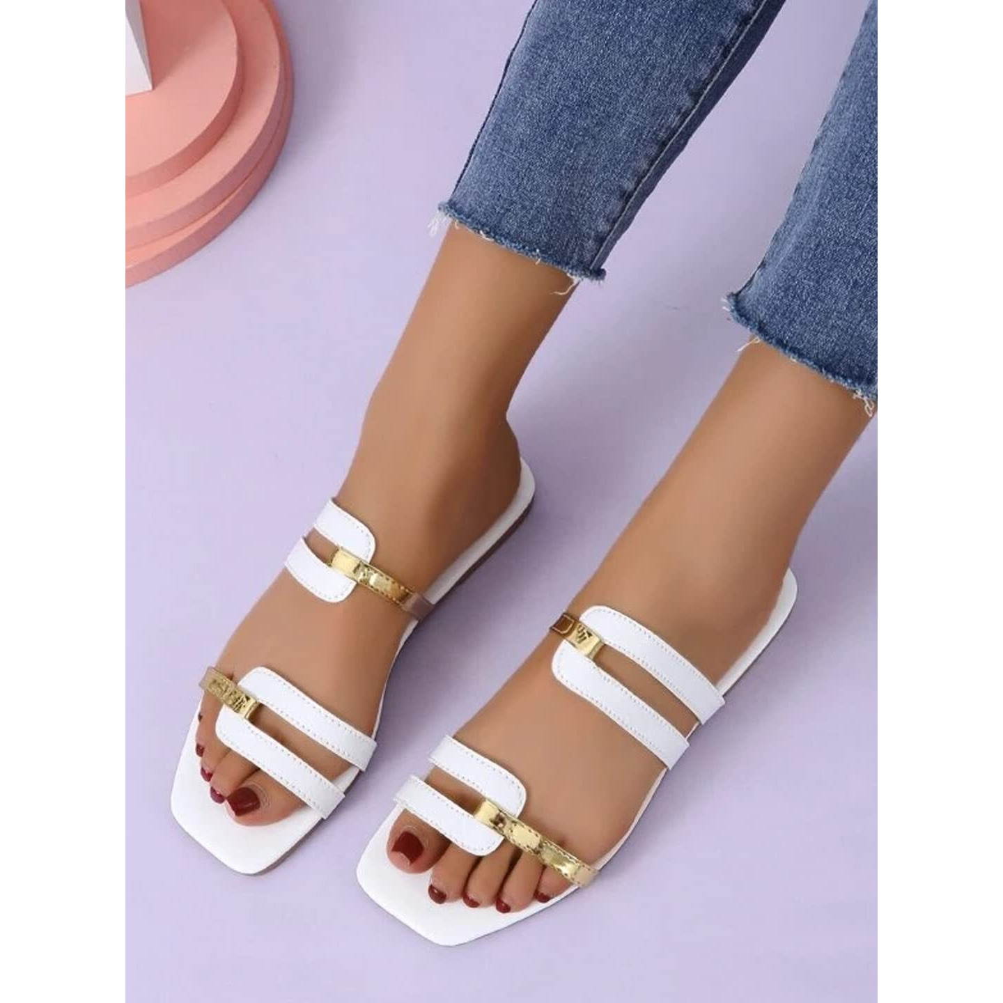 Shoetopia Statement White & Golden Slip-On Flats For Women & Girls /Uk8