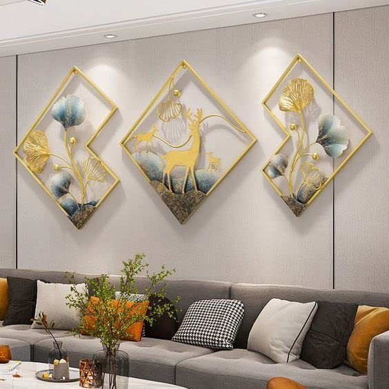 Antique 3Pcs/Set Modern Unique Design Metal Wall Decor With Gold & Blue Ginkgo Leaves, Art Home Decor For Living Room,Dinning Room ,Farmhouse