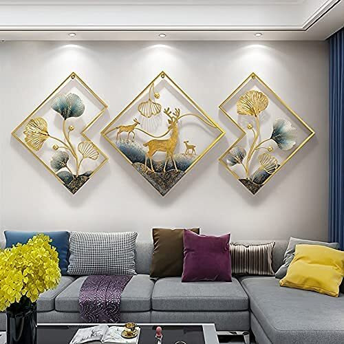 Antique 3Pcs/Set Modern Unique Design Metal Wall Decor With Gold & Blue Ginkgo Leaves, Art Home Decor For Living Room,Dinning Room ,Farmhouse