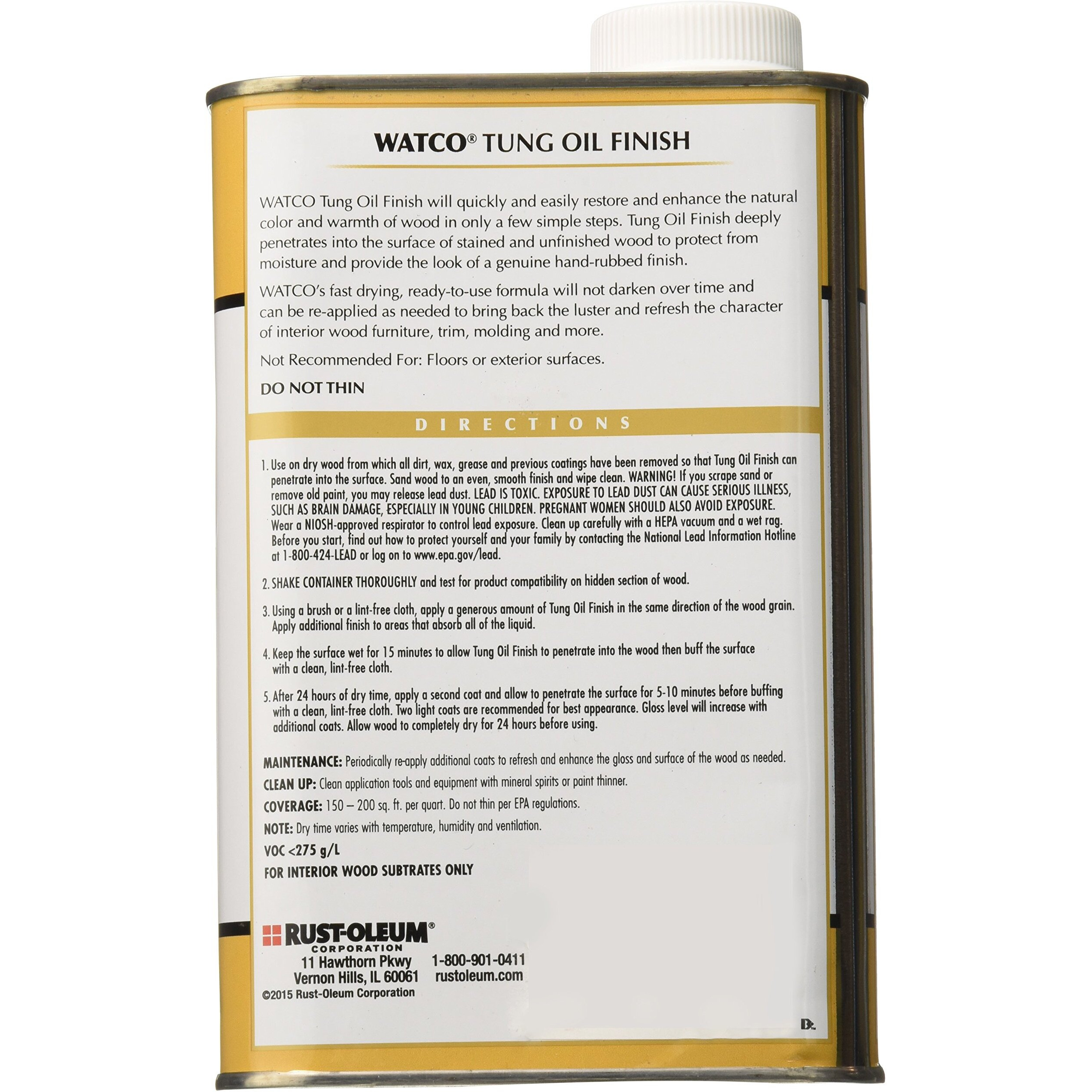 Rust-Oleum Watco Tung Oil Interior Wood Synthetic Furniture Polish/Varnish, 947 Ml (Clear)