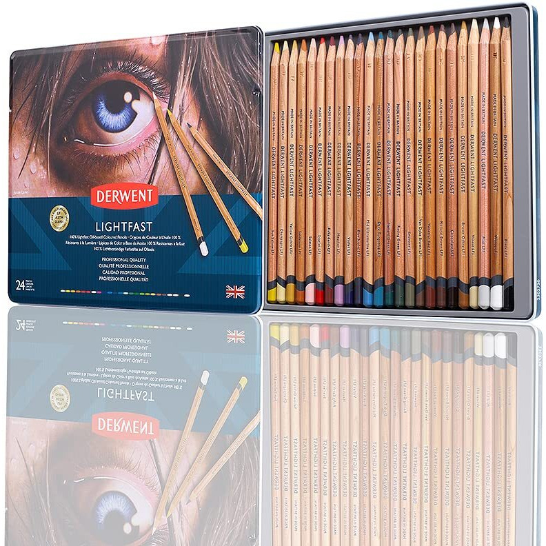 Derwent Lightfast Colour Pencils, 4Mm Round Premium Core Strength, Creamy Texture, Ideal For Fine Art Drawing & Colouring, Professional Quality, 2302720 (Set Of 24)
