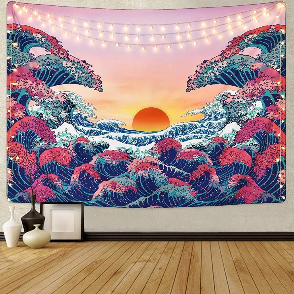 Hasthip Sunset Wall Tapestry Forest Tree Tapestry Mountain Tapestry Wall Hanging Psychedelic Nature Polyester Landscape Tapestry Wall Decor For Bedroom(51&quotX59"), Polyester, Blue