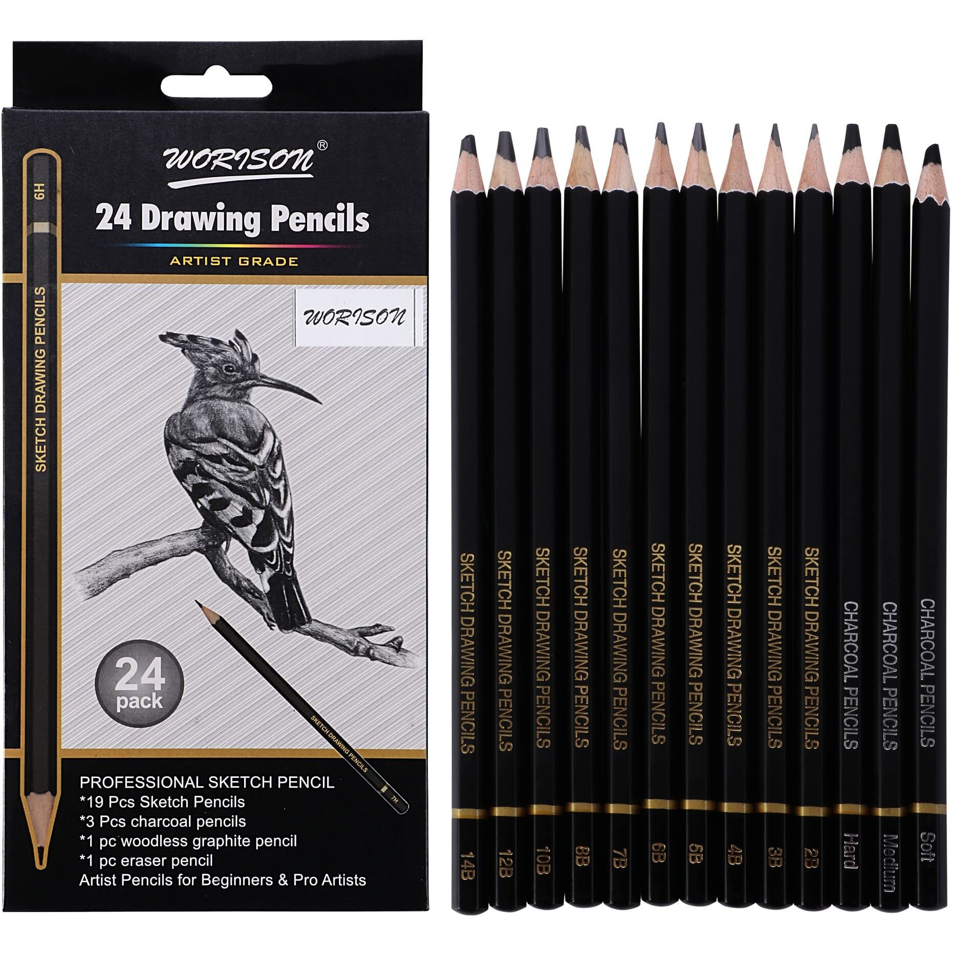 Worison Drawing And Sketching Pencils 24 Pencil Set Of 19 Sketch Pencils, 3 Charcoal Pencils, 1 Graphite Pencil And 1 Eraser Pencil