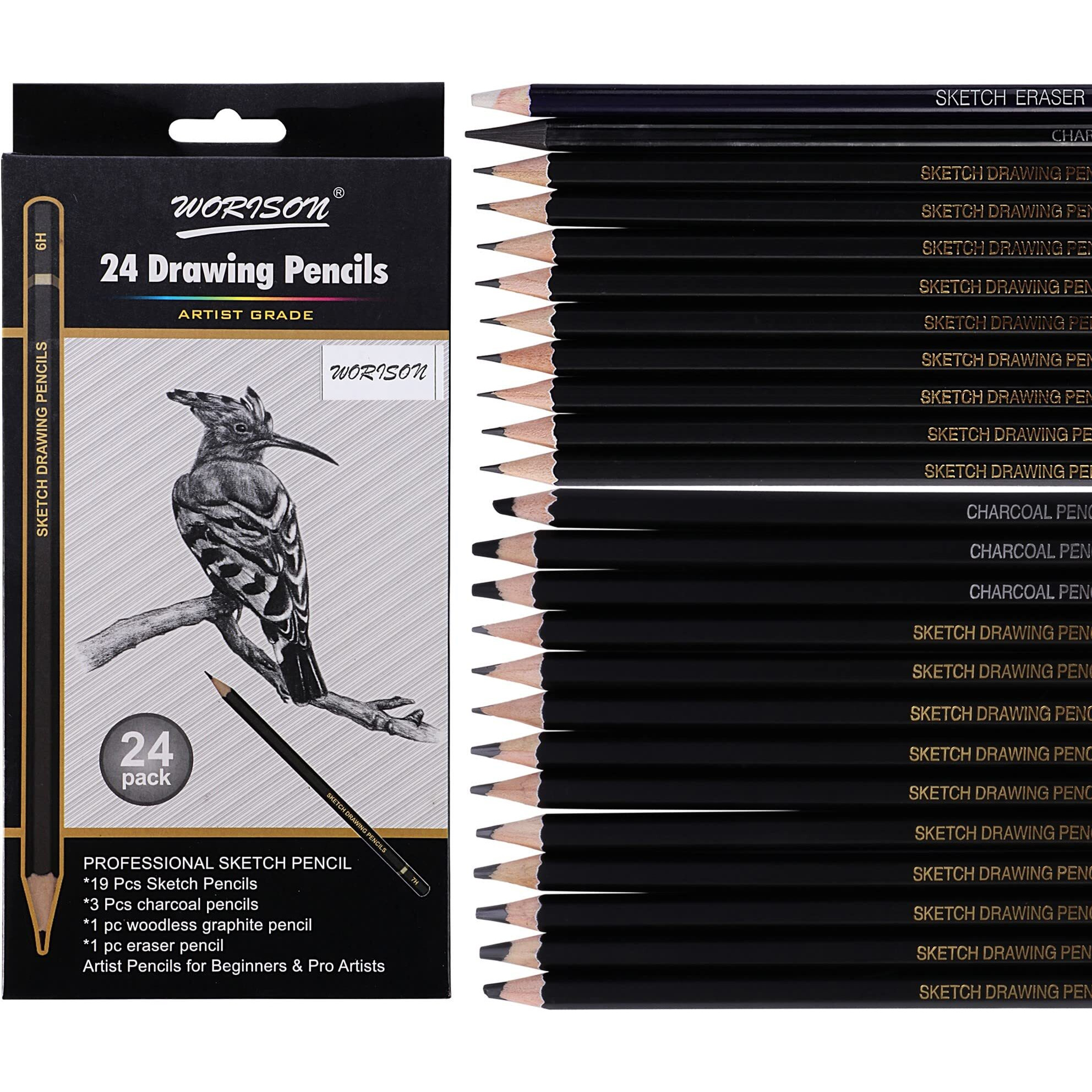Worison Drawing And Sketching Pencils 24 Pencil Set Of 19 Sketch Pencils, 3 Charcoal Pencils, 1 Graphite Pencil And 1 Eraser Pencil
