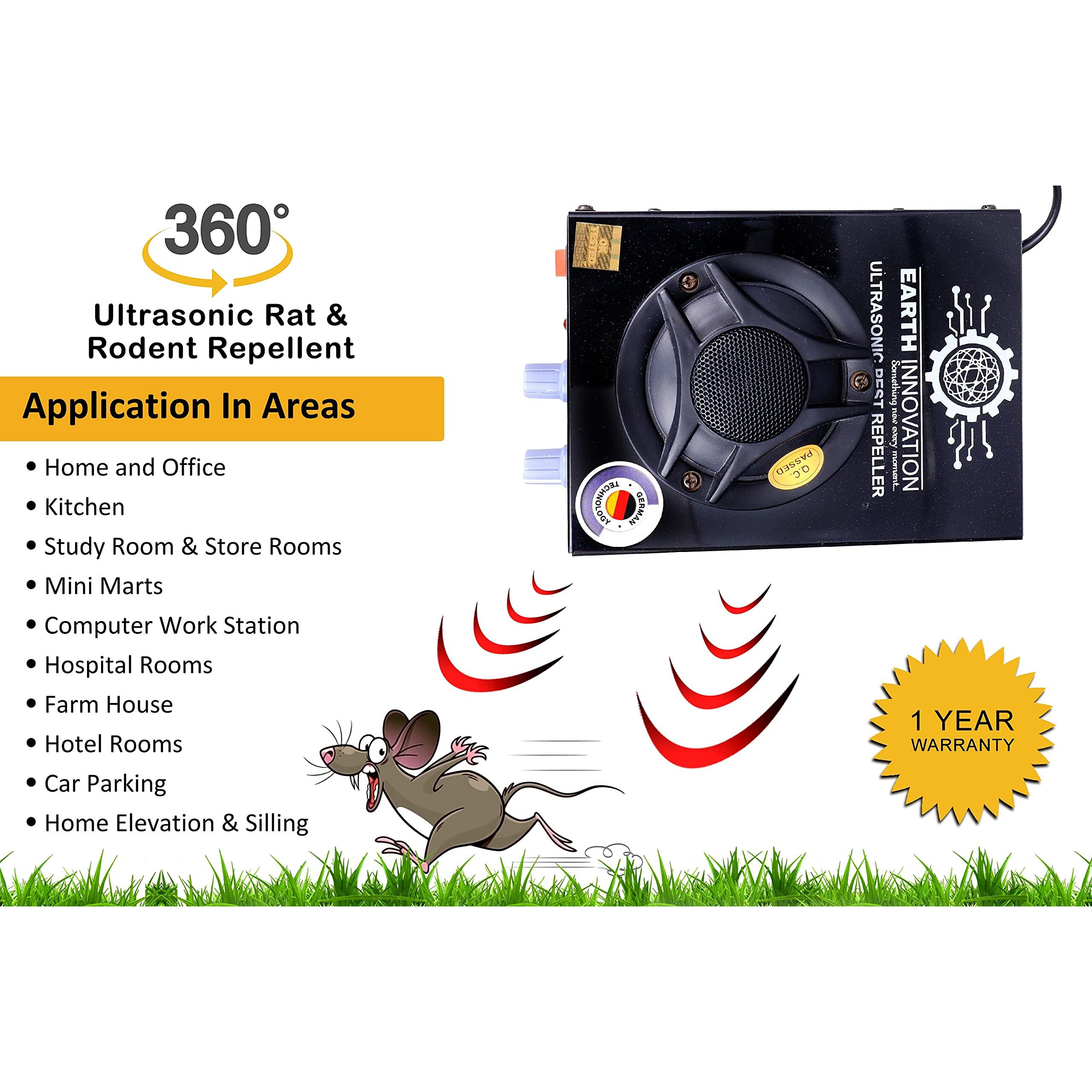 Fluzov Ultrasound Rat And Rodent Pest Repeller Device Wide Range Pest Repeller (Black Shiny), Made In India (1500 Sq Area)