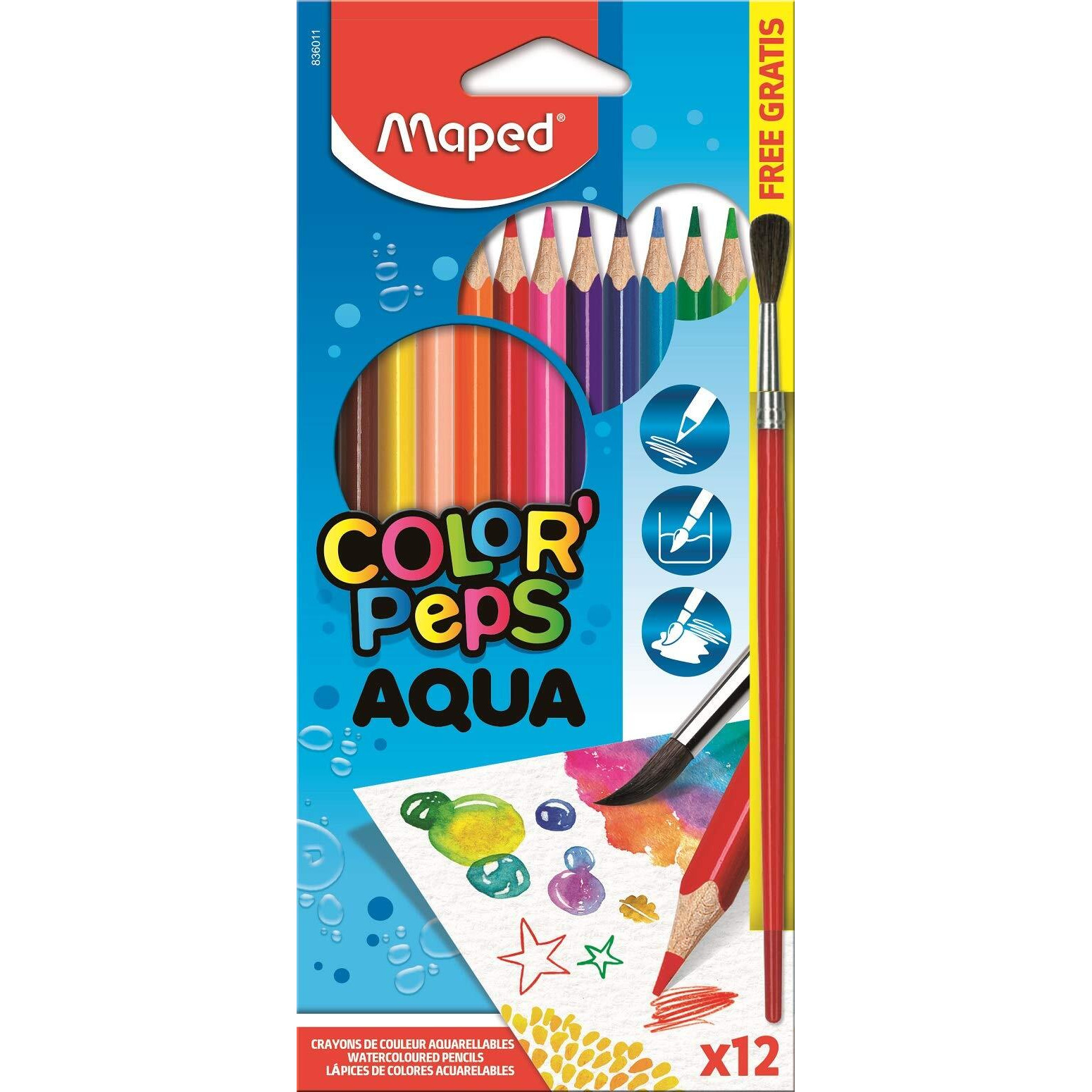 Maped Color'Peps Aqua Watercolour Colouring Pencils And Brush (Pack Of 12)