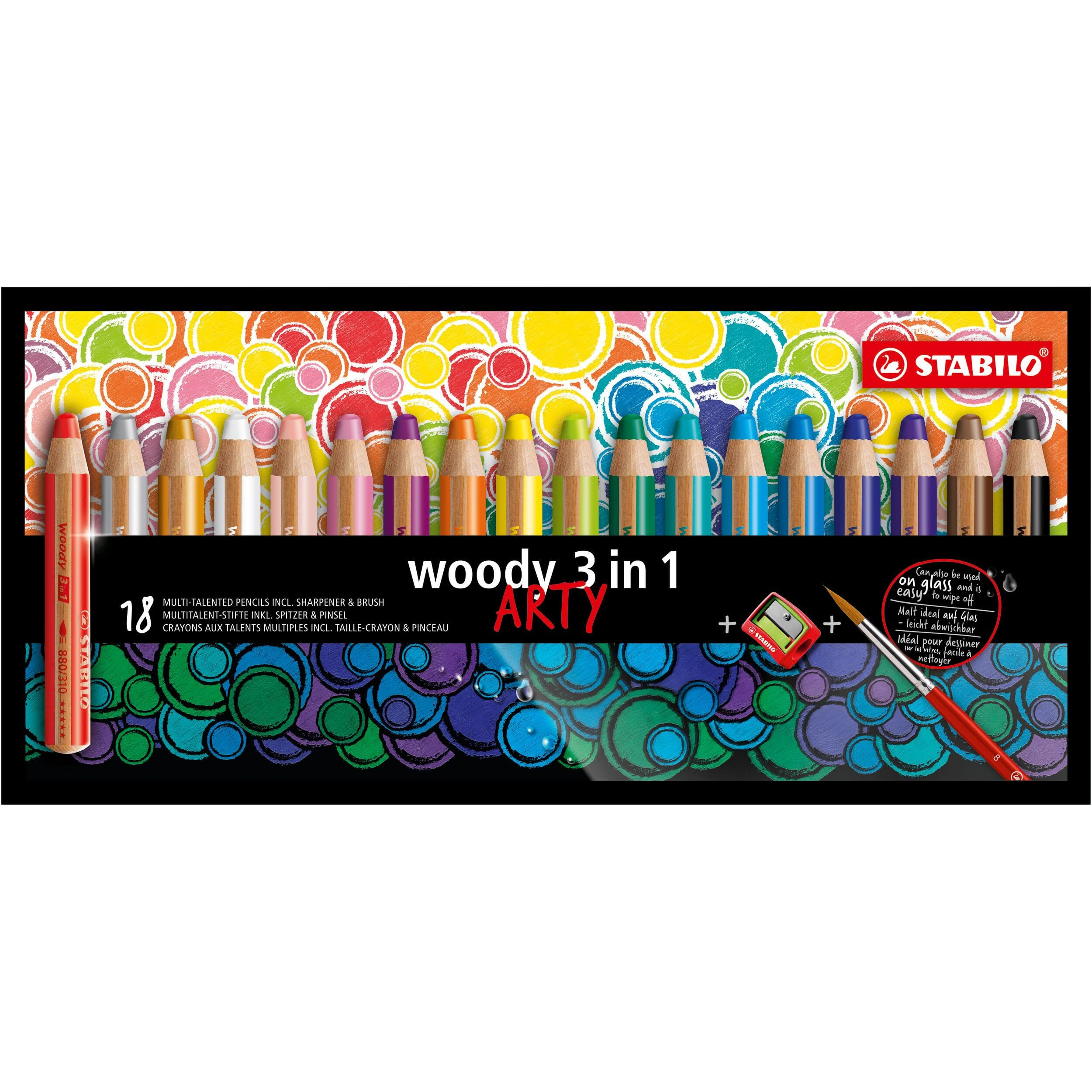 Stabilo Multi-Talented Pencil Woody 3-In-1 Arty Wallet Of 18 Assorted Colours + Sharpener & Brush, Multicolor, Xxx-Large (880/18-1-20)