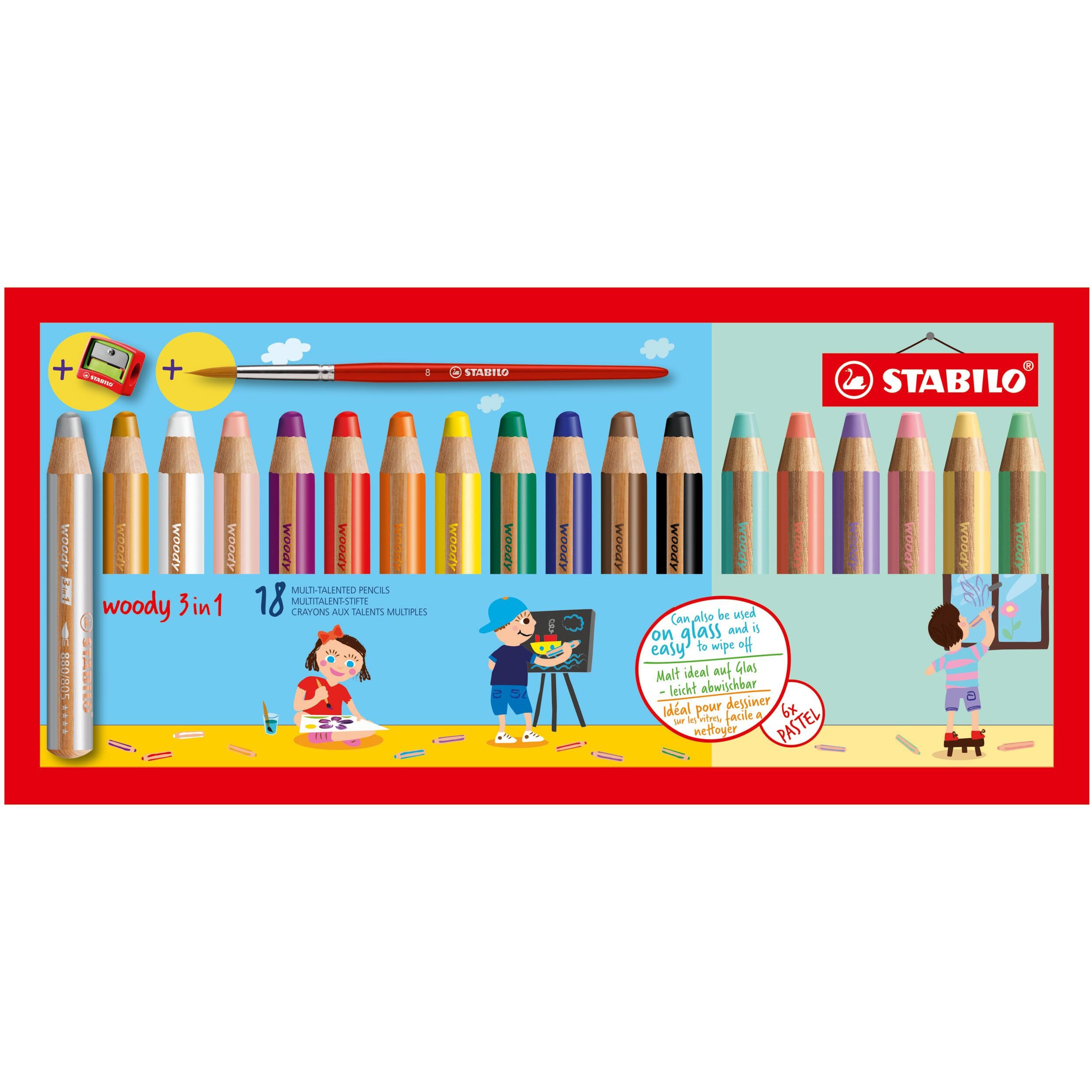 Stabilo Multi-Talented Pencil Woody Pastel 3-In-1 Wallet Of 18 Assorted Colours + Sharpener, Extra Large