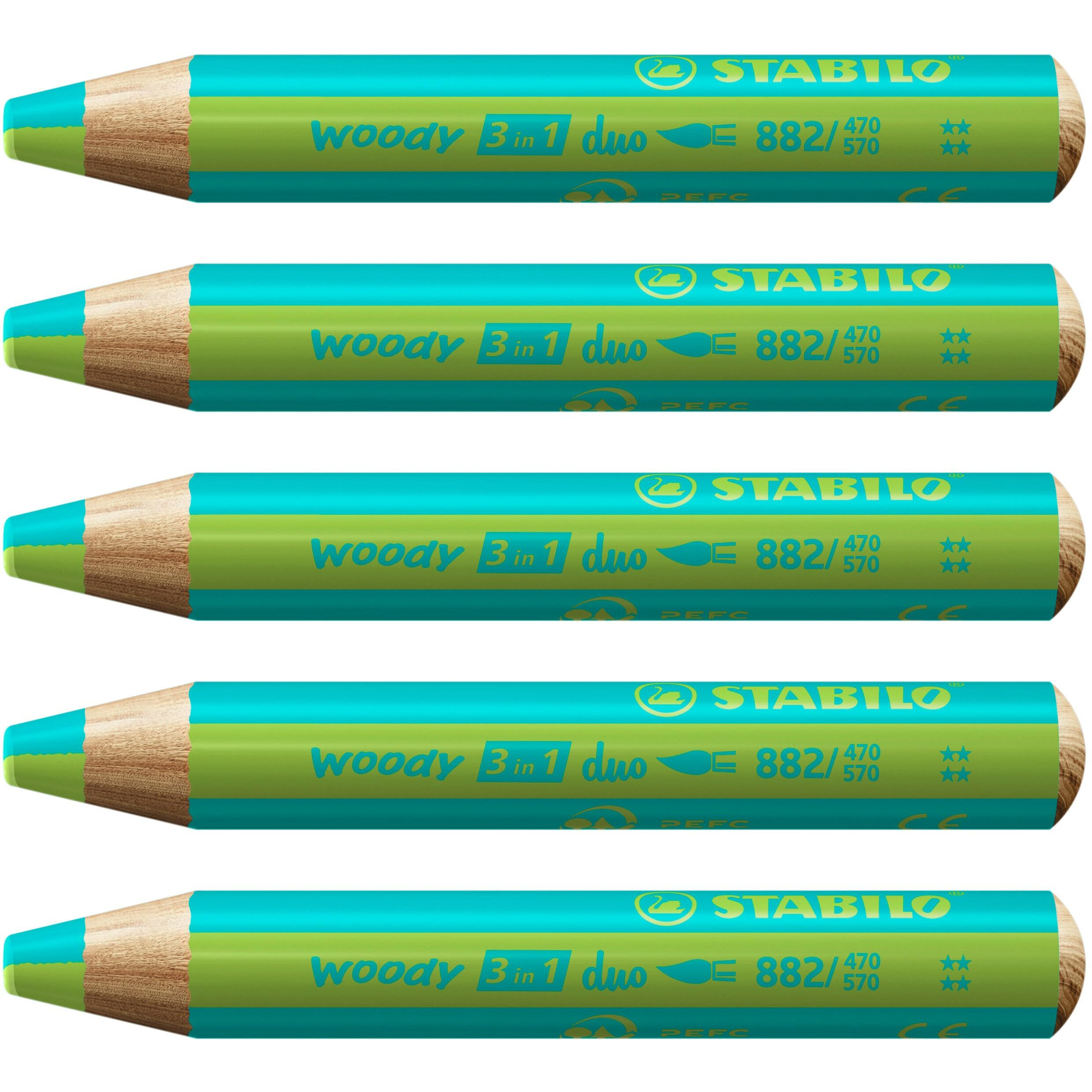 Multi-Talented Pencil - Stabilo Woody 3 In 1 Duo - Pack Of 5 - Turquoise/Light Green