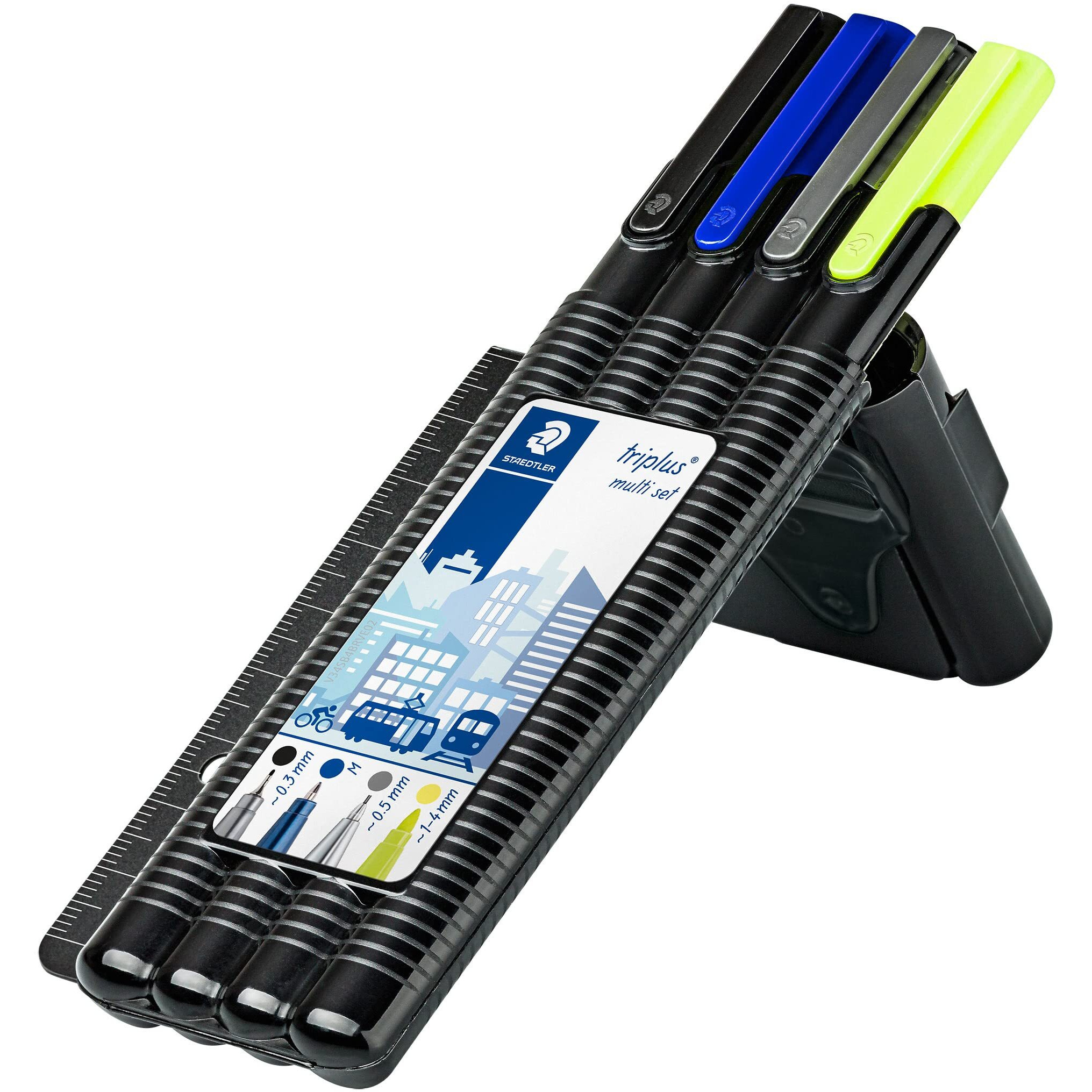 Staedtler Triplus Office Fine Point Tip Set In Black Box (334,437,774 25,362) With A Ruler