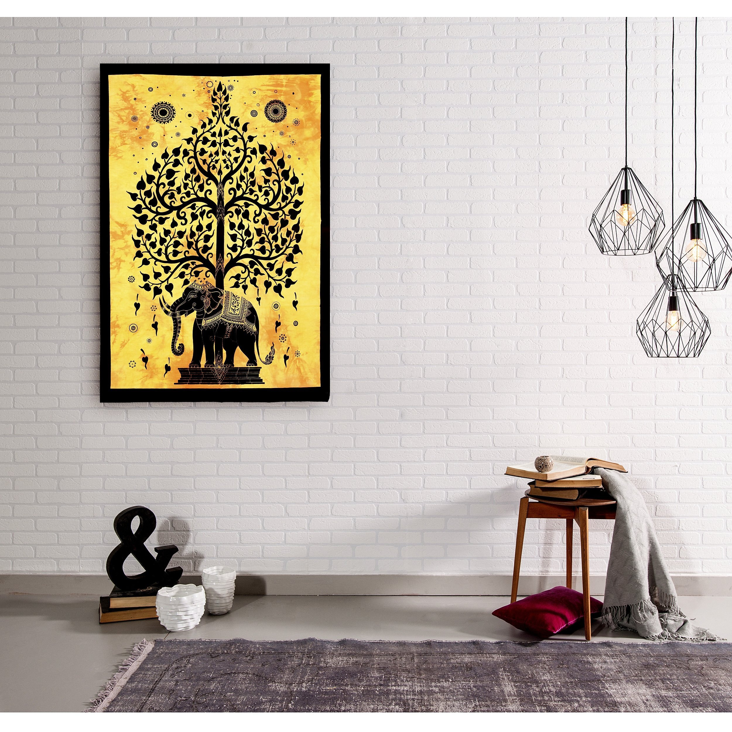 Handicraft-Palace Yellow Elephant Tree Printed Tapestry Wall Decor Hanging Poster Office Home Decorative Party Hall Decor Hanging