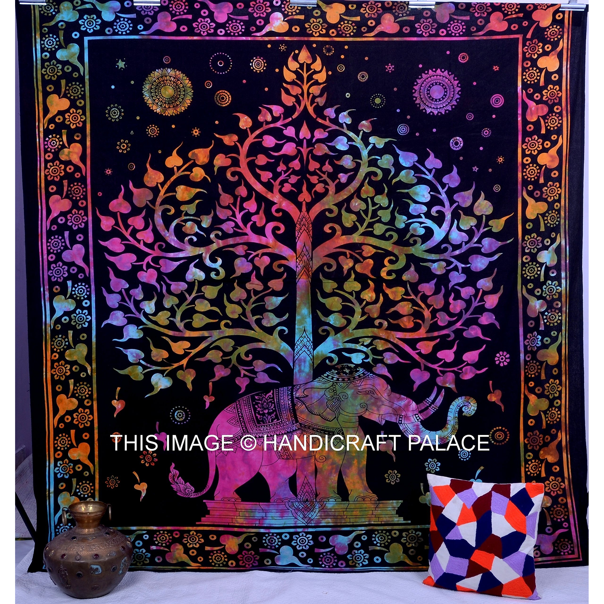Handicraft-Palace Multi-Color Elephant Tree Of Life Printed Wall Decor Hanging Tapestry Cotton Double Bedspread Bed Throw Beach Throw