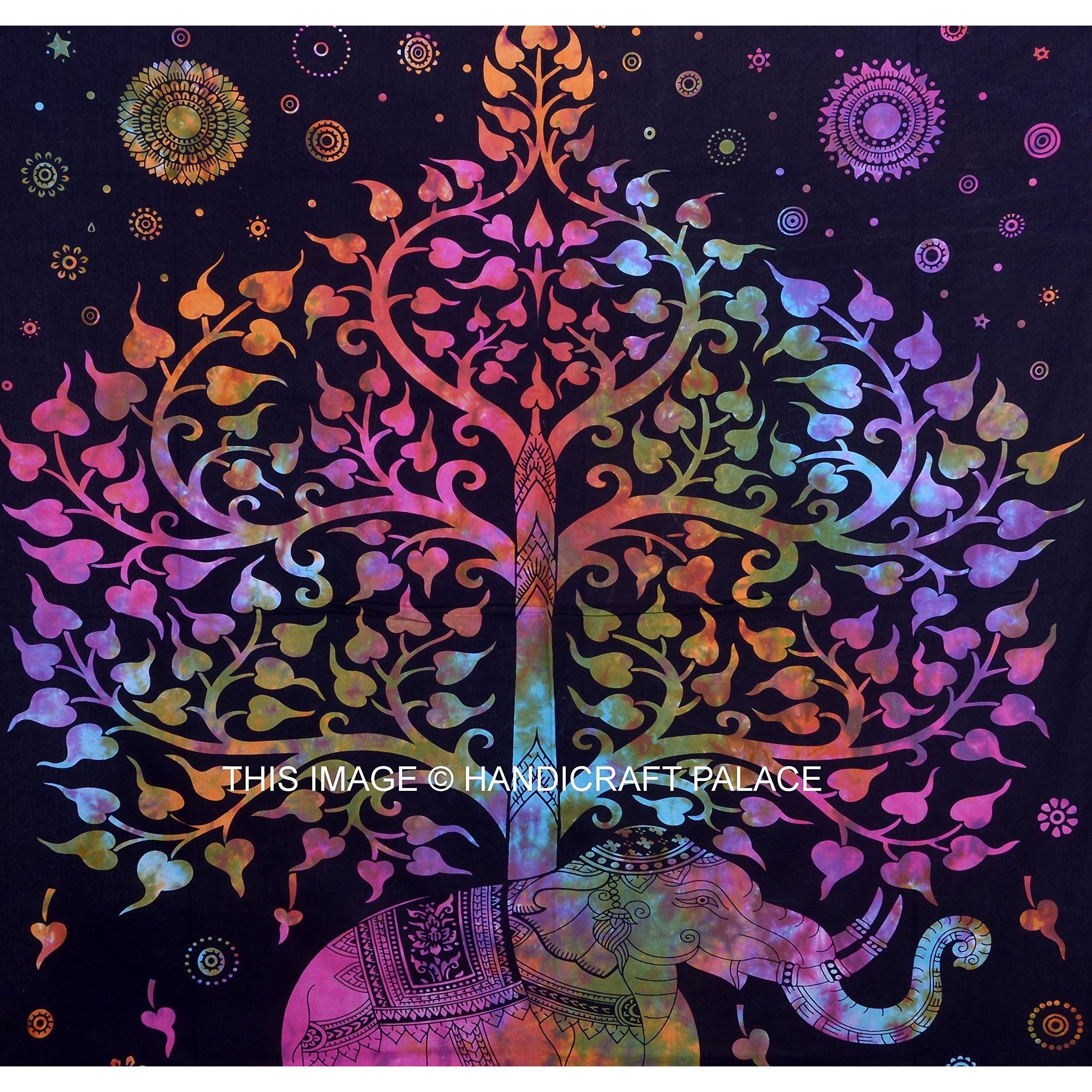 Handicraft-Palace Multi-Color Elephant Tree Of Life Printed Wall Decor Hanging Tapestry Cotton Double Bedspread Bed Throw Beach Throw