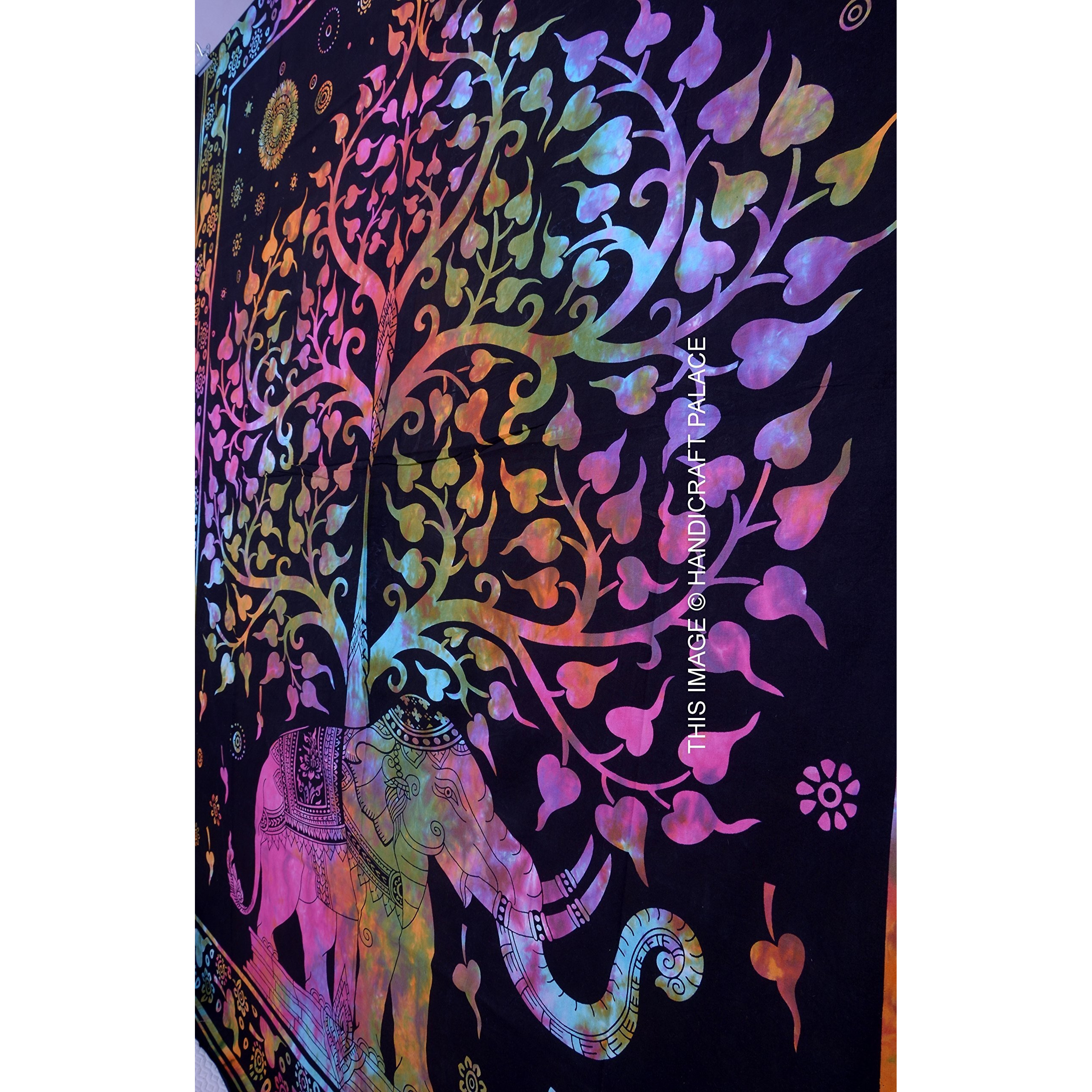 Handicraft-Palace Multi-Color Elephant Tree Of Life Printed Wall Decor Hanging Tapestry Cotton Double Bedspread Bed Throw Beach Throw