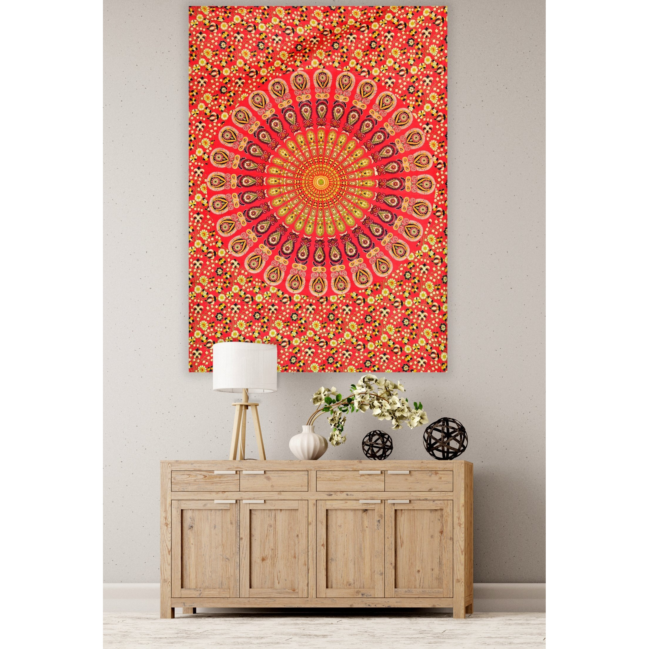Handicraft-Palace Red Peacock Mandala Printed Hanging Wall Hanging Small Tapestry Cotton Poster Wall Decor Table Cover Yoga Mat