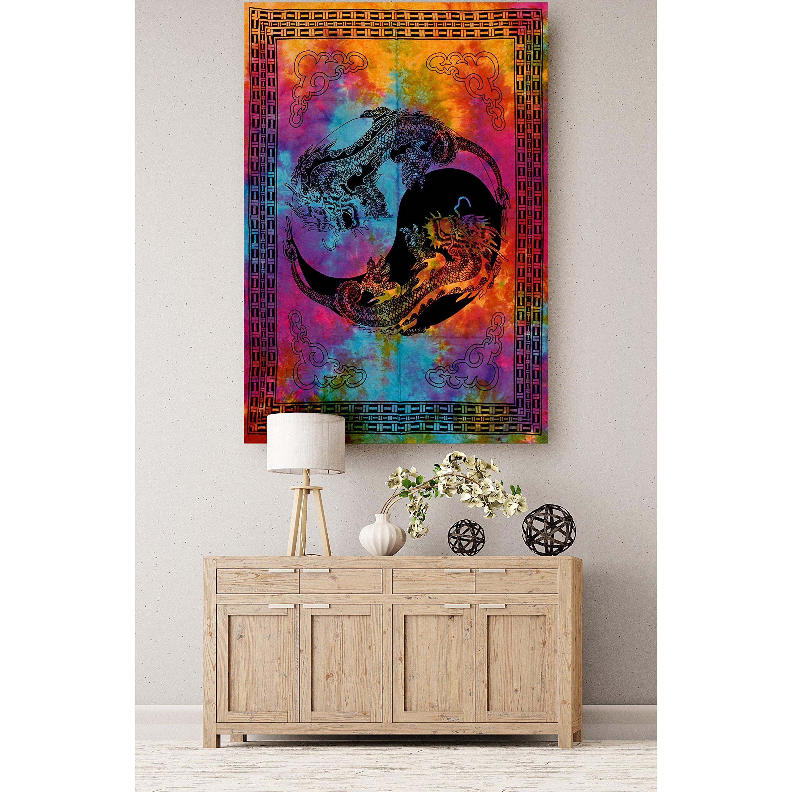 Handicraft-Palace Dragon Yin Yang Mandala Printed Office/Home/Room/Hall/Party Decorative Tapestry Multi Tie Dye Cotton Poster Wall Decor Wall Hanging Wall Decorative Hanging Small Tapestry