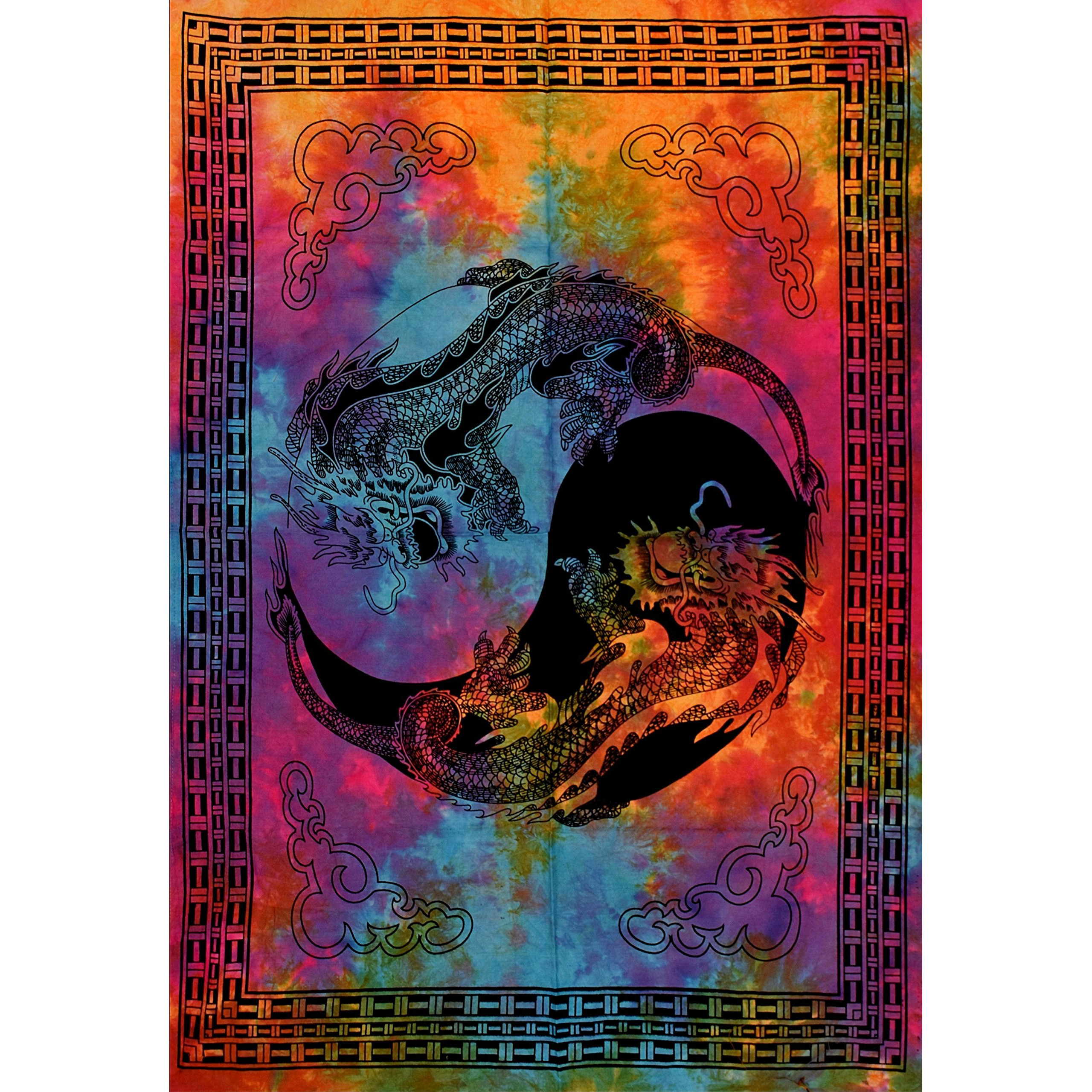 Handicraft-Palace Dragon Yin Yang Mandala Printed Office/Home/Room/Hall/Party Decorative Tapestry Multi Tie Dye Cotton Poster Wall Decor Wall Hanging Wall Decorative Hanging Small Tapestry