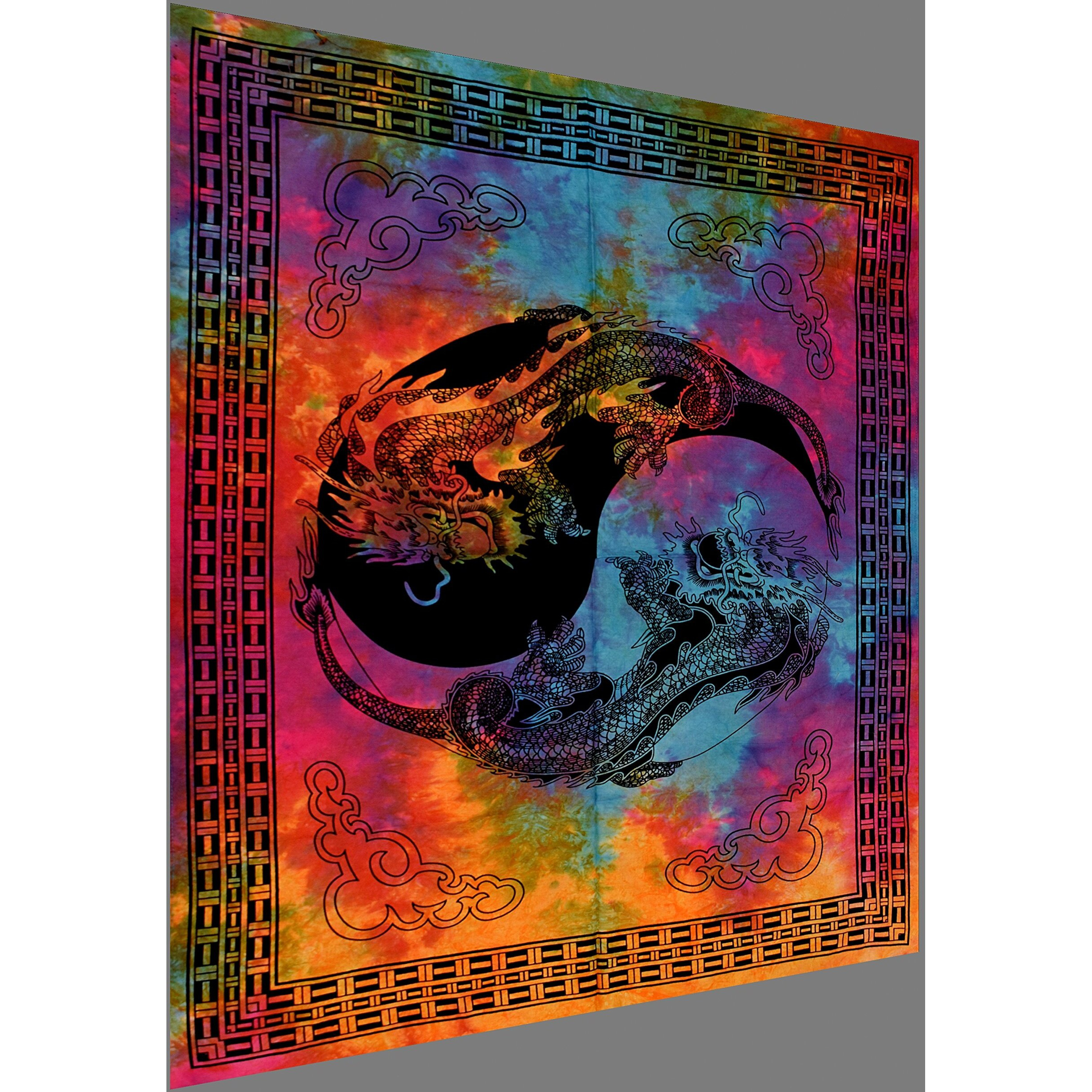 Handicraft-Palace Dragon Yin Yang Mandala Printed Office/Home/Room/Hall/Party Decorative Tapestry Multi Tie Dye Cotton Poster Wall Decor Wall Hanging Wall Decorative Hanging Small Tapestry