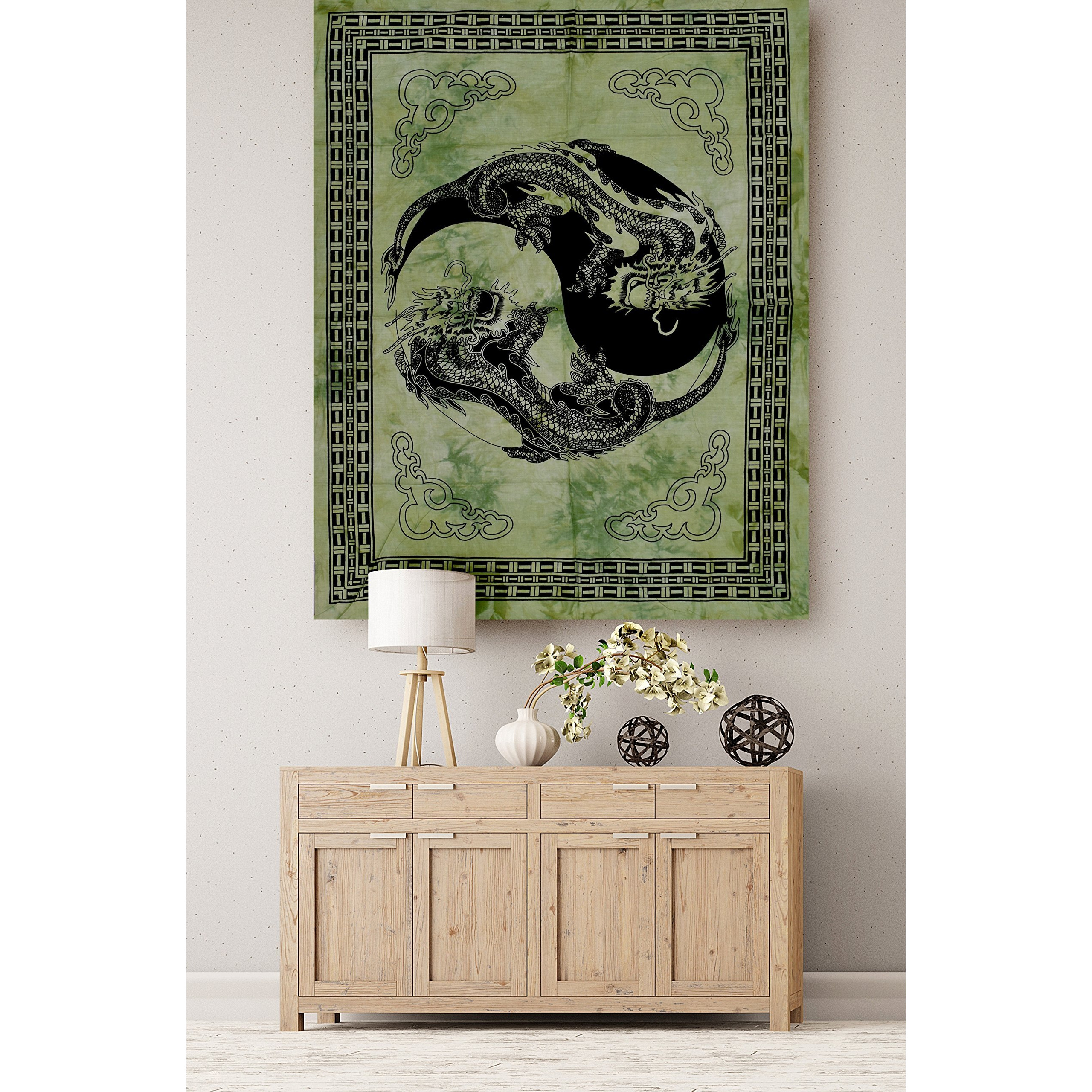 Handicraft-Palace Green Dragon Yin Yang Mandala Printed Poster Wall Decor Wall Hanging Cotton Wall Decorative Hanging Small Tapestry
