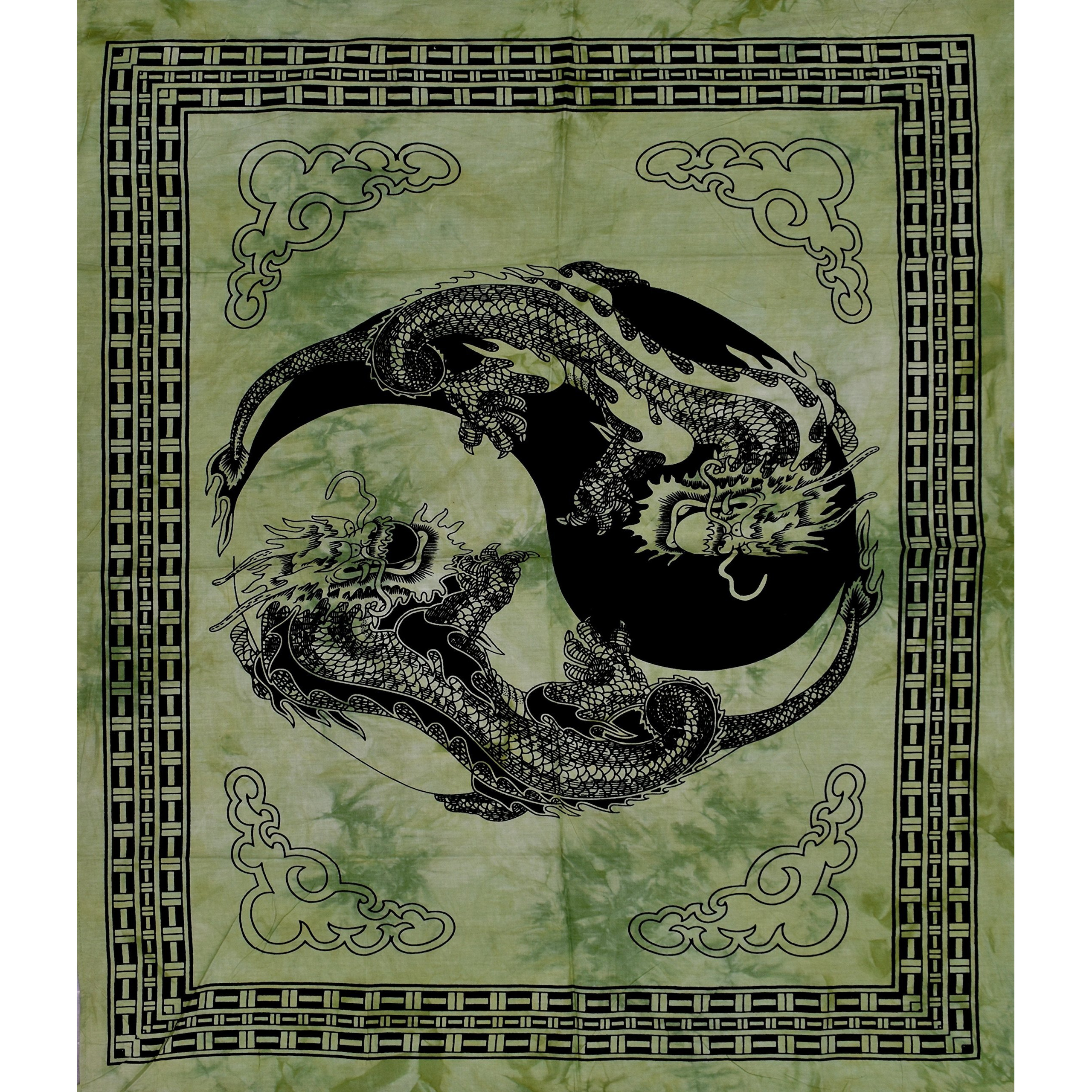 Handicraft-Palace Green Dragon Yin Yang Mandala Printed Poster Wall Decor Wall Hanging Cotton Wall Decorative Hanging Small Tapestry