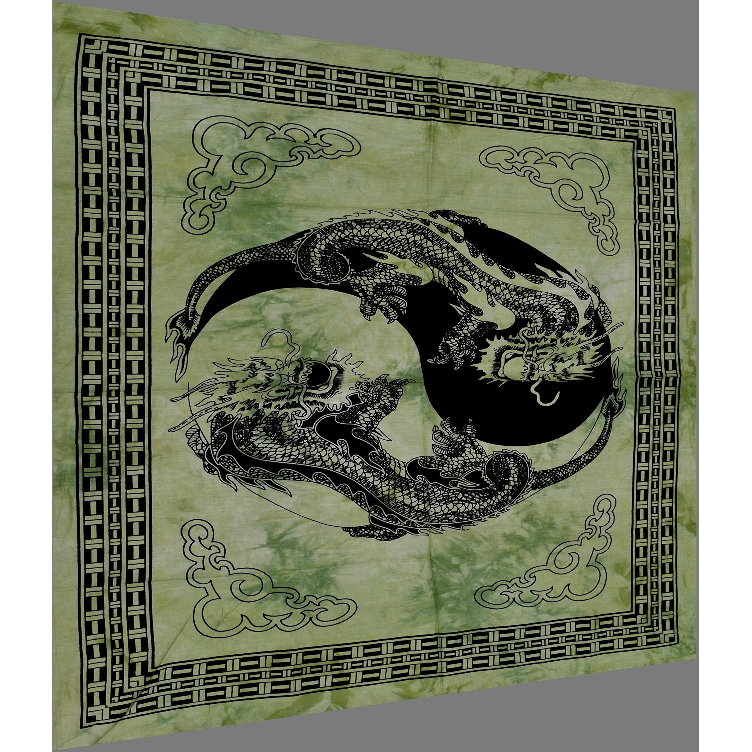 Handicraft-Palace Green Dragon Yin Yang Mandala Printed Poster Wall Decor Wall Hanging Cotton Wall Decorative Hanging Small Tapestry