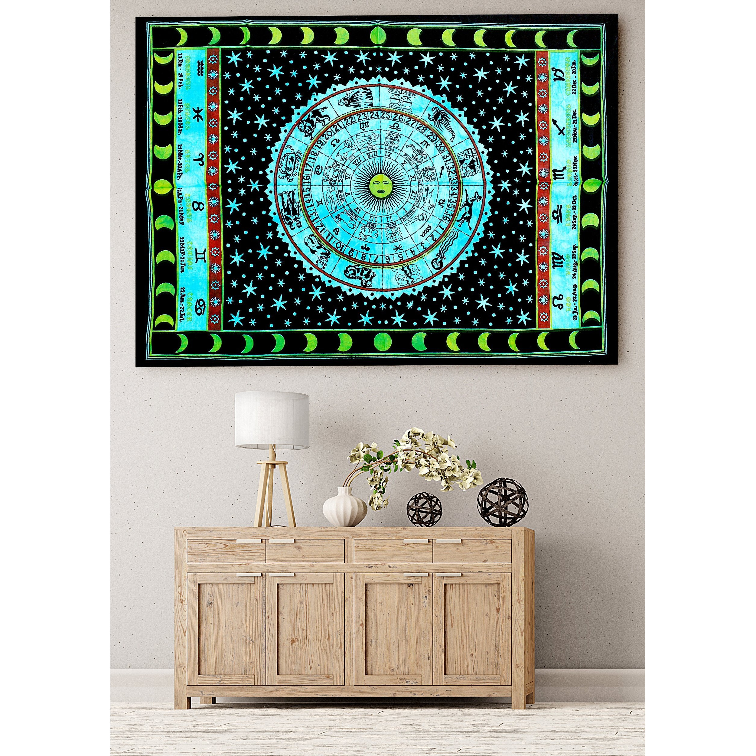 Handicraft-Palace Turquoise Astrology Mandala Printed Poster Cotton Small Tapestry Wall Decor Wall Hanging Wall Decorative Hanging Poster