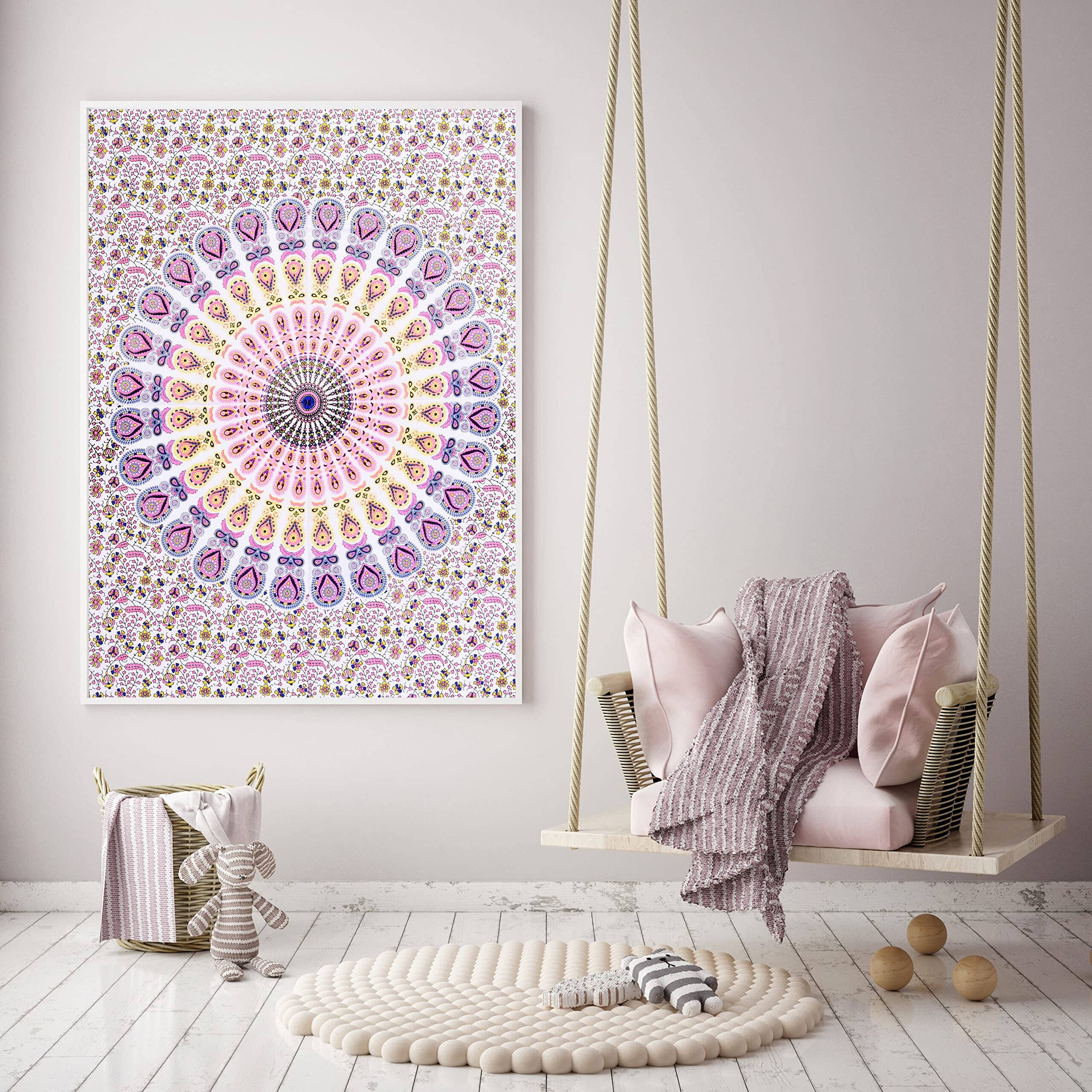 Handicraft-Palace Pink Peacock Mandala Printed Small Table Cover Poster Wall Poster Table Cover Yoga Mat Small Tapestry Hall Decorative Art Cotton Wall Hanging