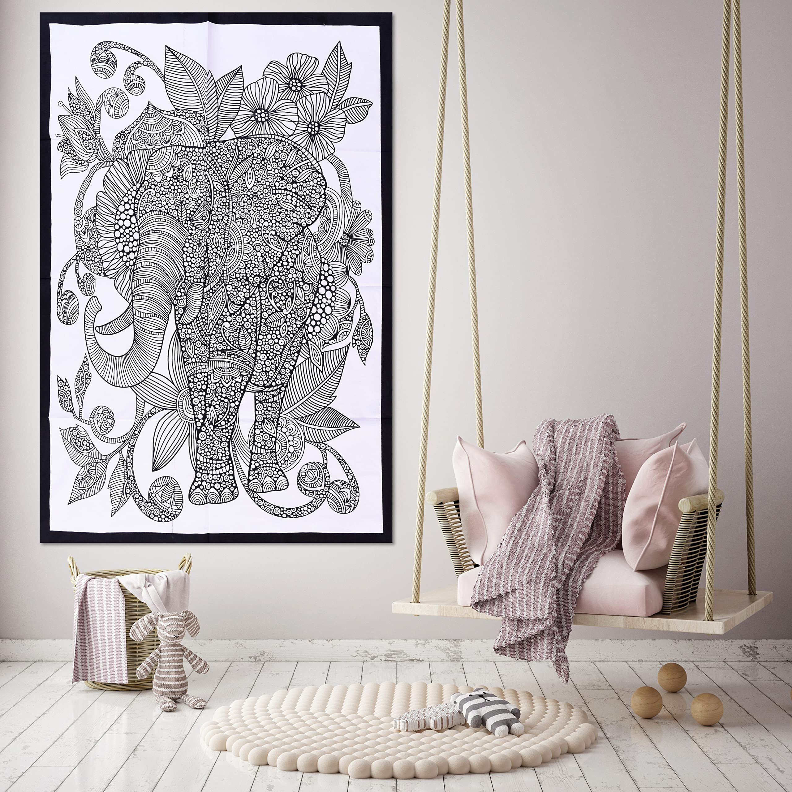 Handicraft-Palace Black & White Elephant Floral Printed Small Tapestry Hanging Table Cover Cotton Poster Wall Hanging Wall Decorative Yoga Mat Home/Office/Room/Hall Decor