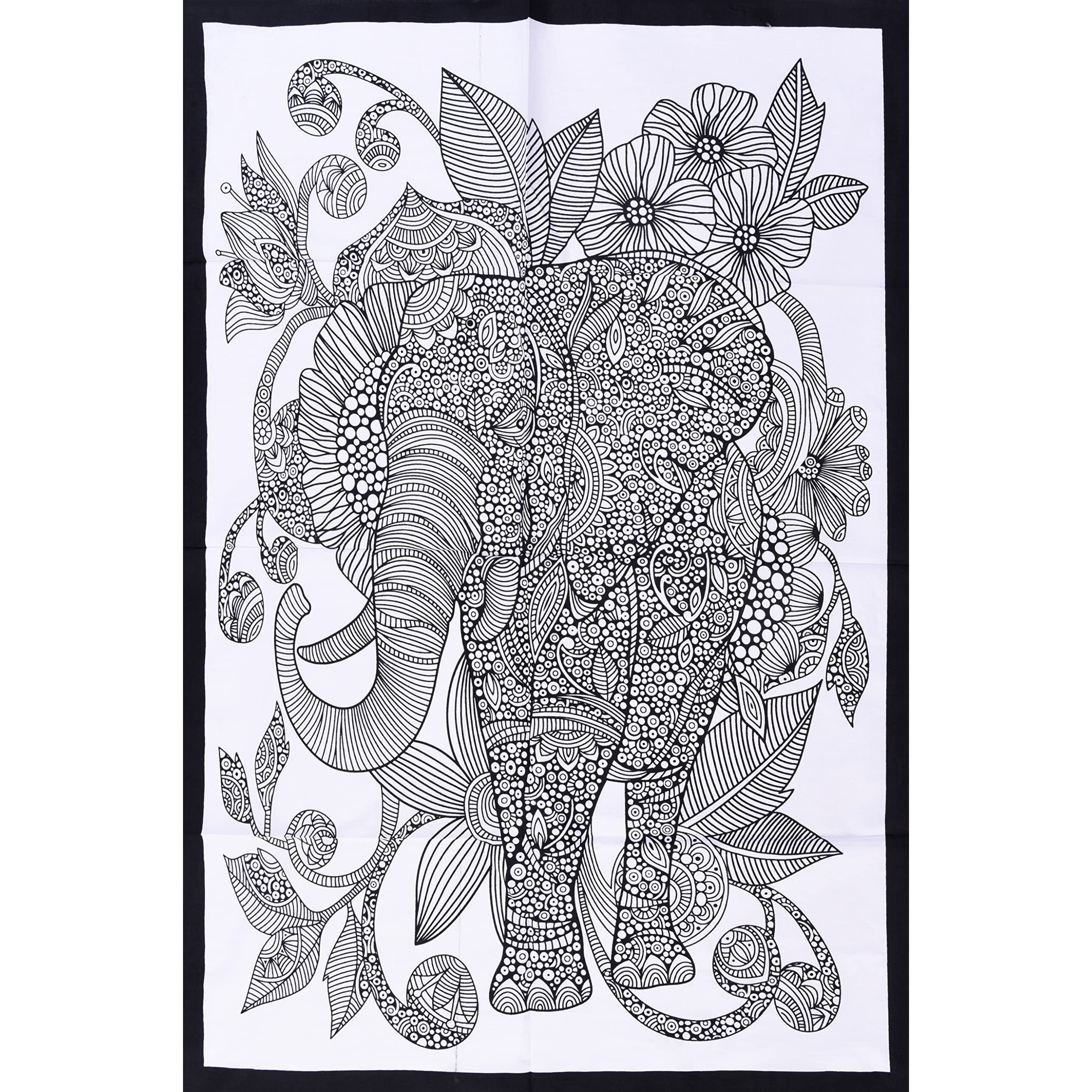 Handicraft-Palace Black & White Elephant Floral Printed Small Tapestry Hanging Table Cover Cotton Poster Wall Hanging Wall Decorative Yoga Mat Home/Office/Room/Hall Decor