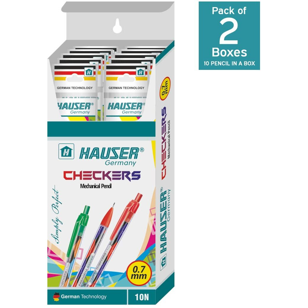 Hauser Checkers 0.7Mm Mechanical Pencil Box Pack|German Technology|Continuous Writing Sliding Sleeve|Specially Designed Grip For Comfortable Writing|Pack Of 20 Mechanical Pencils|Multicolor