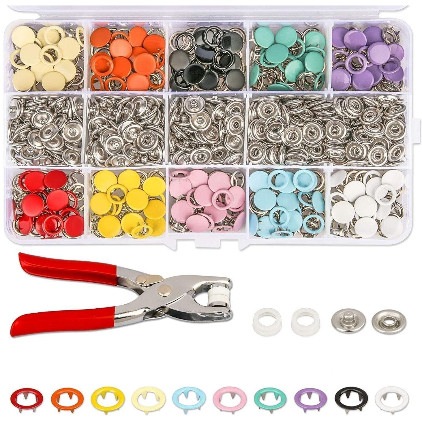 Cofiex Premium Snap Buttons Kit (100Pcs Silver Button + 100Pcs Color Ring) -Metal Thickened Fasteners Set With Hand Pliers -Easy 9.5Mm Five-Claw Buckle Set For Children's Clothing Household Machine Press Tool Included