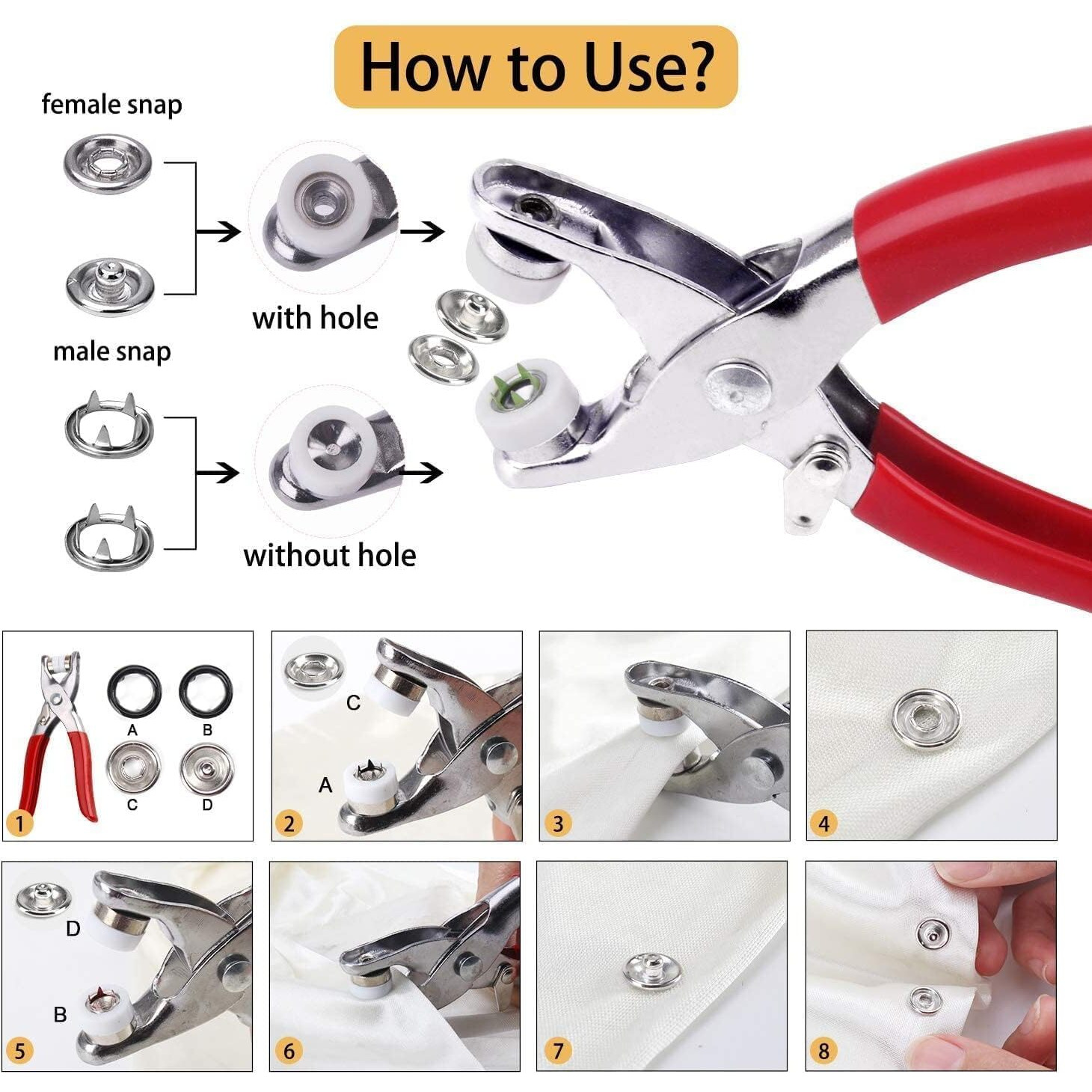 Cofiex Premium Snap Buttons Kit (100Pcs Silver Button + 100Pcs Color Ring) -Metal Thickened Fasteners Set With Hand Pliers -Easy 9.5Mm Five-Claw Buckle Set For Children's Clothing Household Machine Press Tool Included