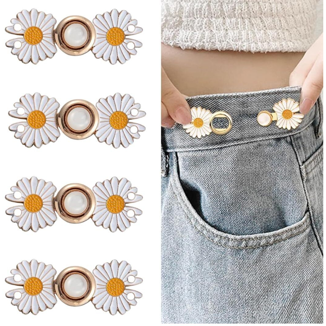 Cofiex Instant Jeans Button Pins Waist Tightener Set, Adjustable No-Sew Button Clips For Loose Pants & Skirts, Detachable Flower Jeans Buttons, Easy Waist Adjuster For Jeans, Pants, Robes (Pack Of 2)