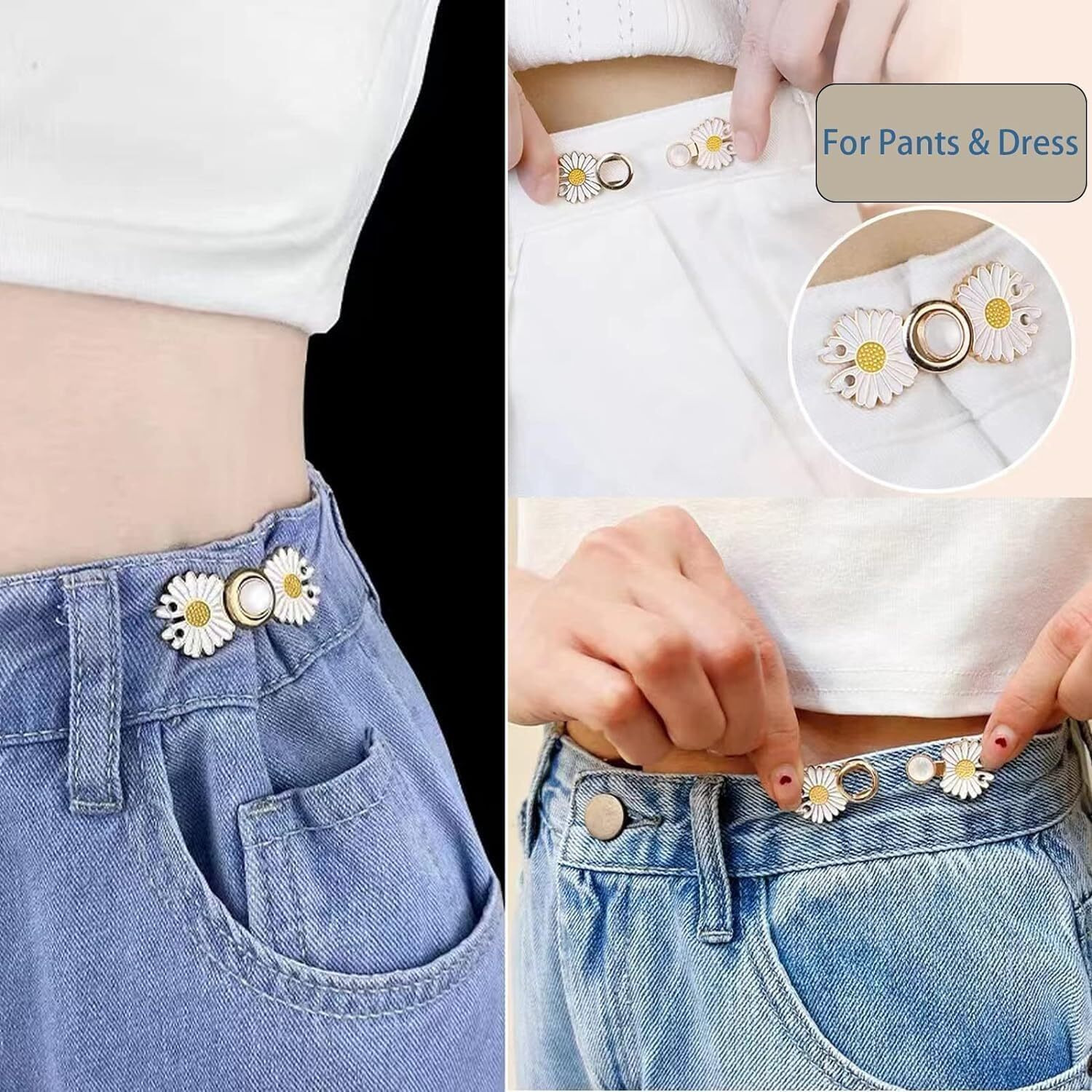 Cofiex Instant Jeans Button Pins Waist Tightener Set, Adjustable No-Sew Button Clips For Loose Pants & Skirts, Detachable Flower Jeans Buttons, Easy Waist Adjuster For Jeans, Pants, Robes (Pack Of 2)