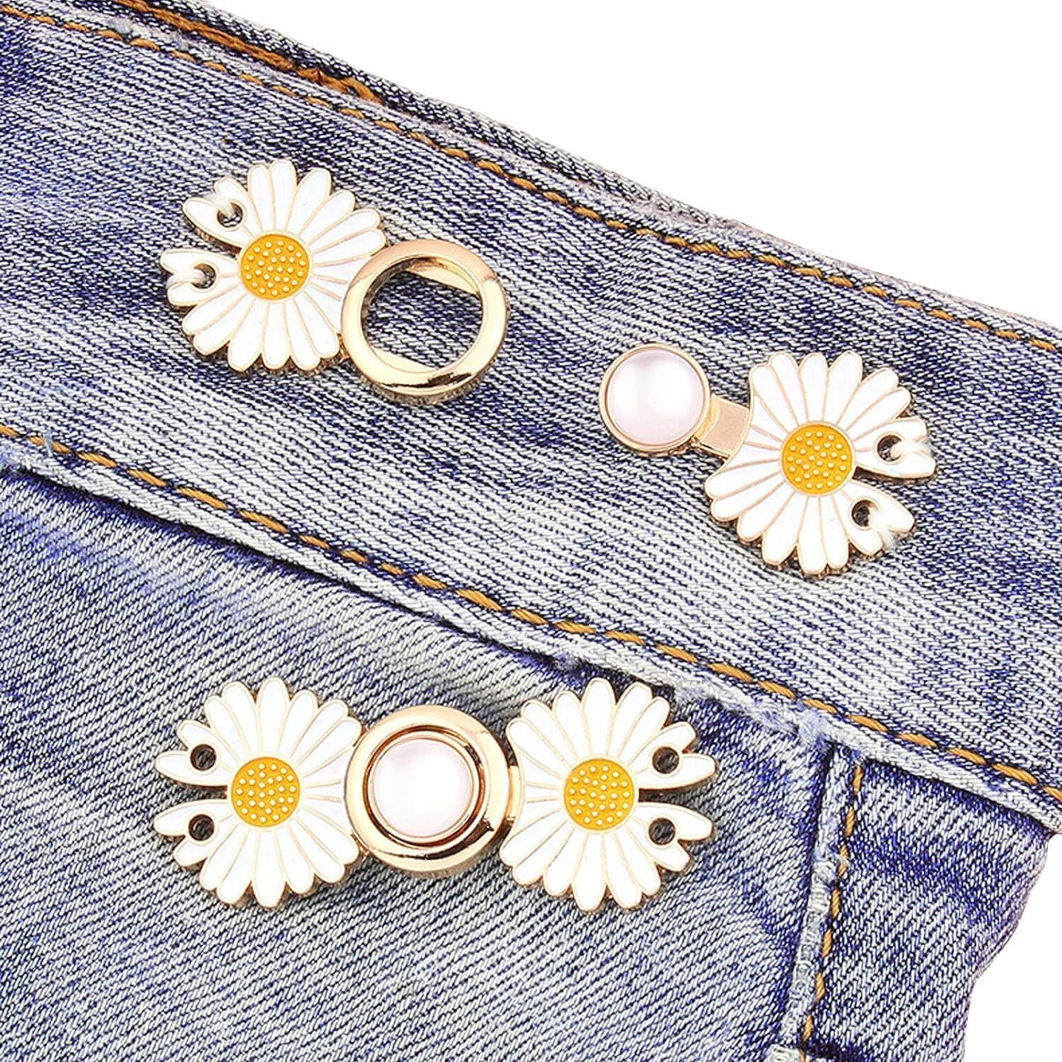 Cofiex Instant Jeans Button Pins Waist Tightener Set, Adjustable No-Sew Button Clips For Loose Pants & Skirts, Detachable Flower Jeans Buttons, Easy Waist Adjuster For Jeans, Pants, Robes (Pack Of 2)