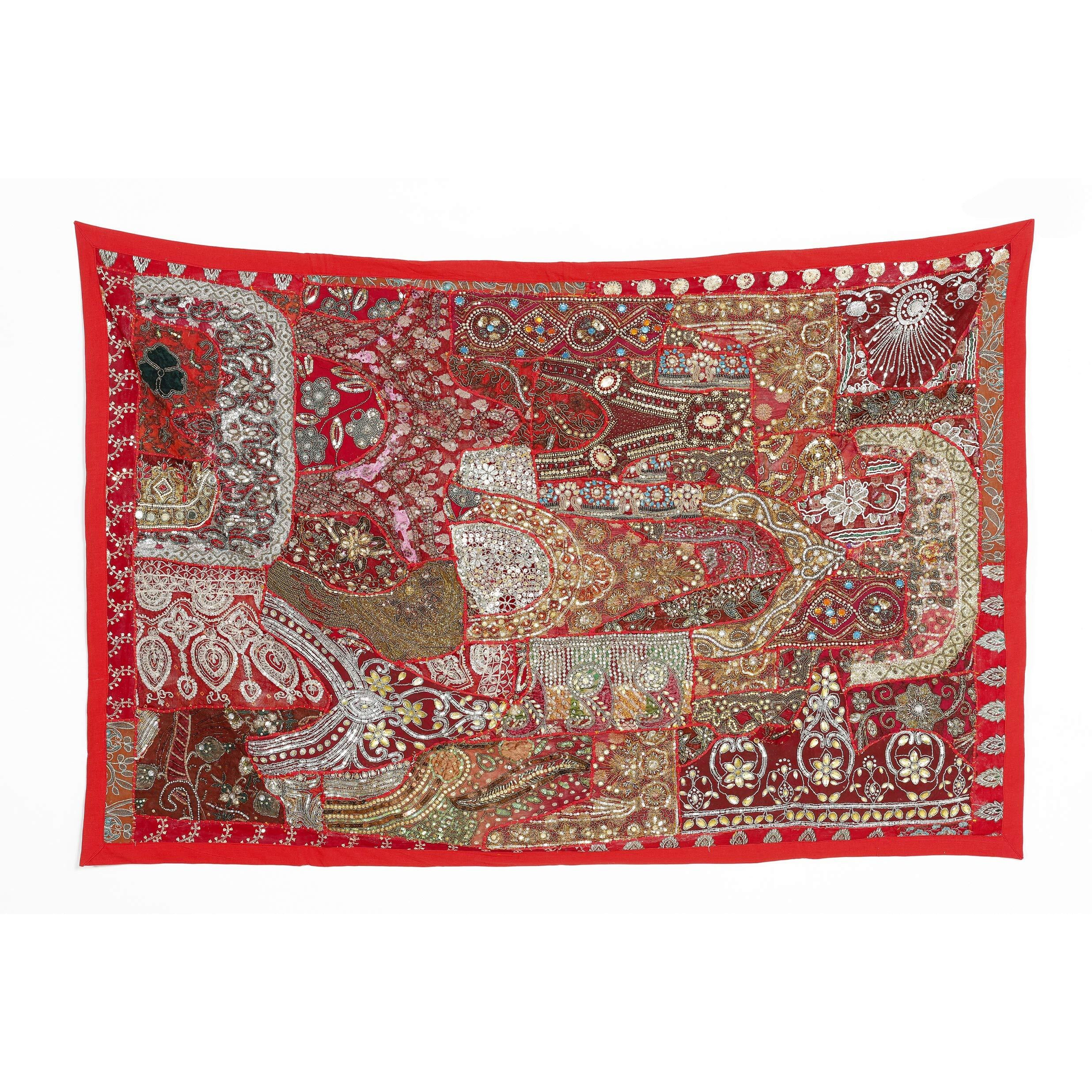 Handicraft-Palace Heavy Embroidery Beaded Wall Hanging Wall Decor Cotton Patchwork Wall Hanging Tapestry (Red)